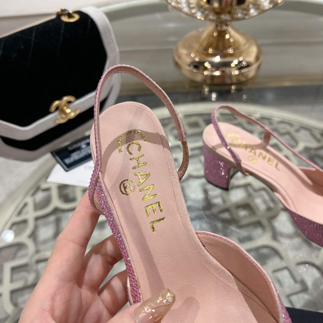 Bagsaaa Ch**el Slingbacks G31318 Strass Pink & Black 6.5 cm