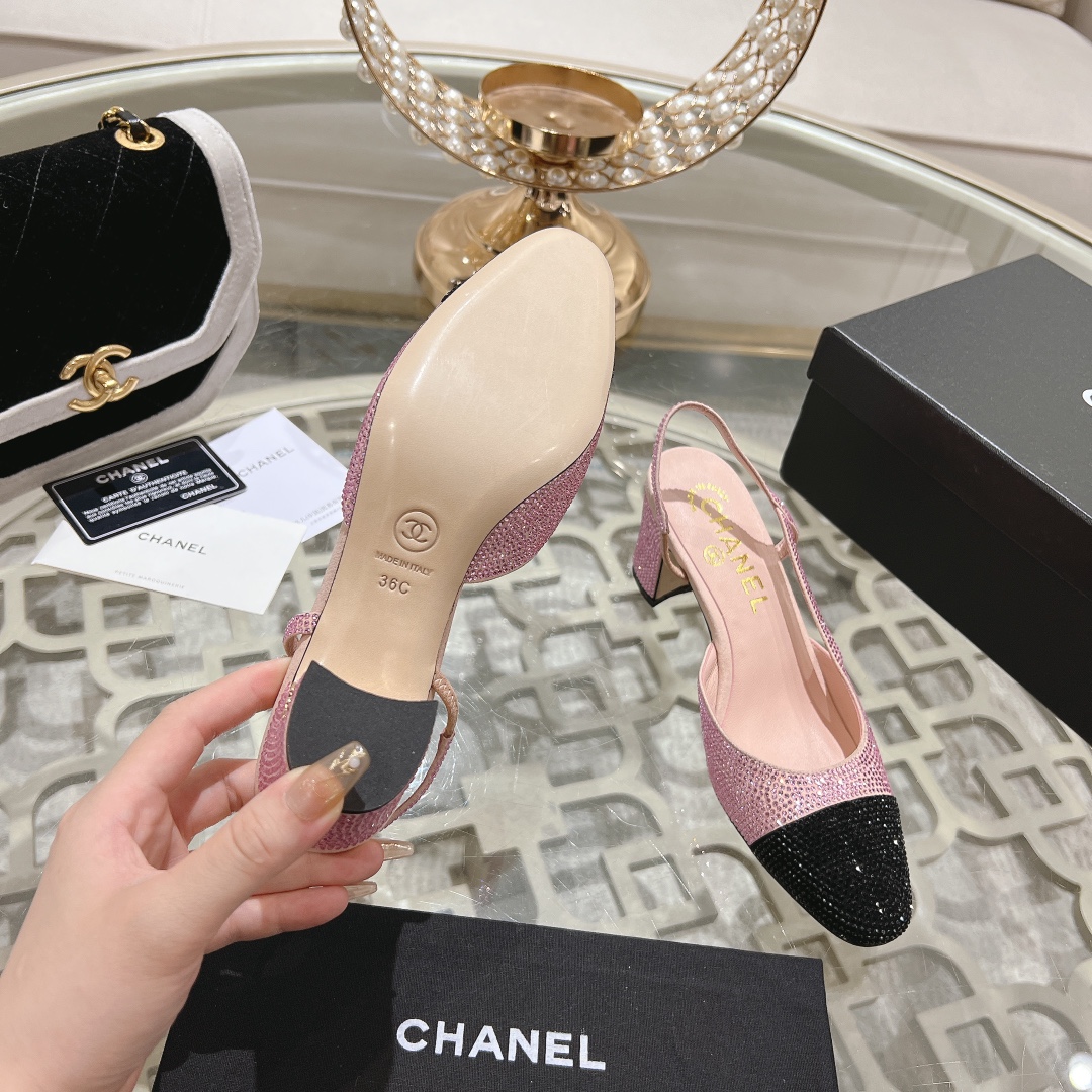 Bagsaaa Ch**el Slingbacks G31318 Strass Pink & Black 6.5 cm