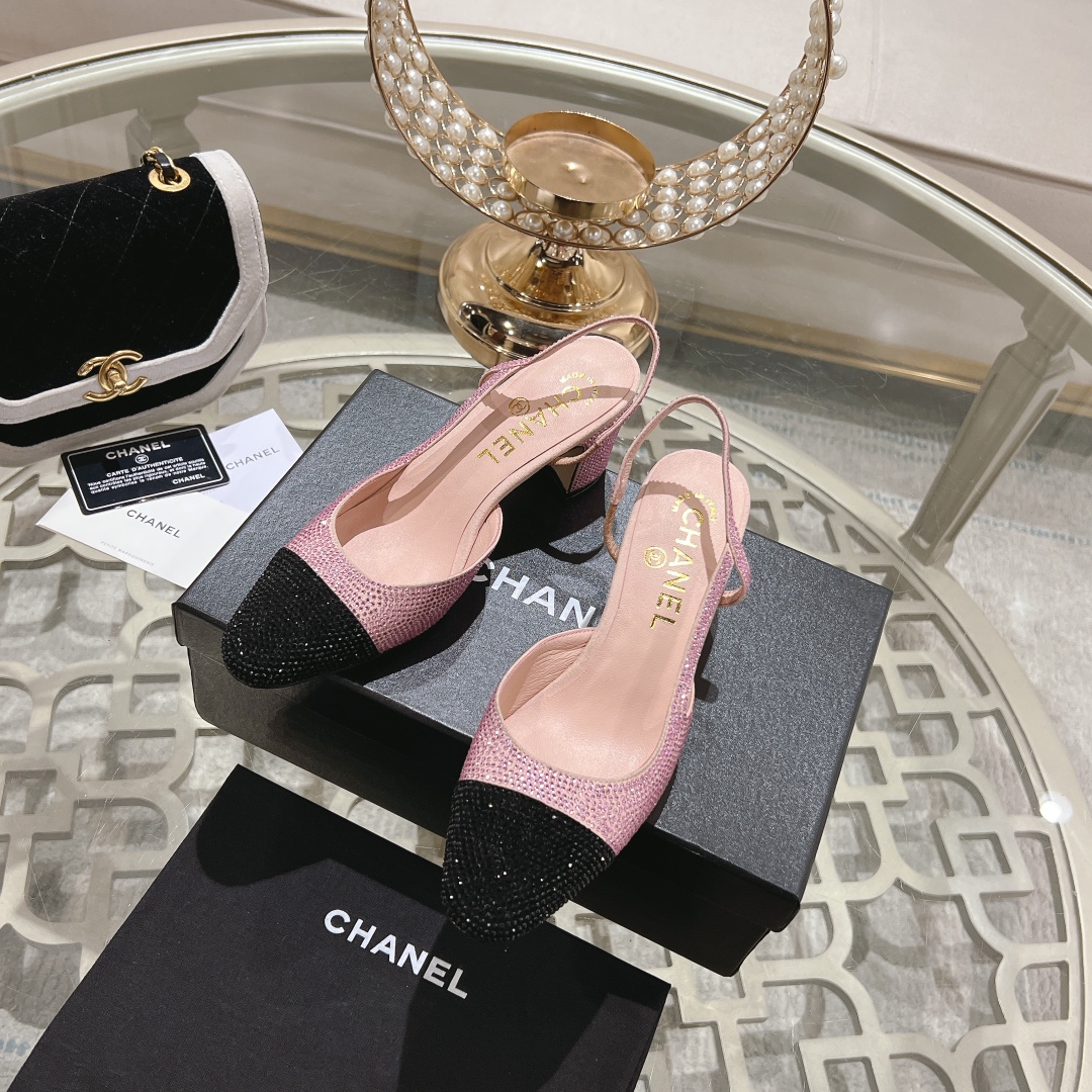 Bagsaaa Ch**el Slingbacks G31318 Strass Pink & Black 6.5 cm