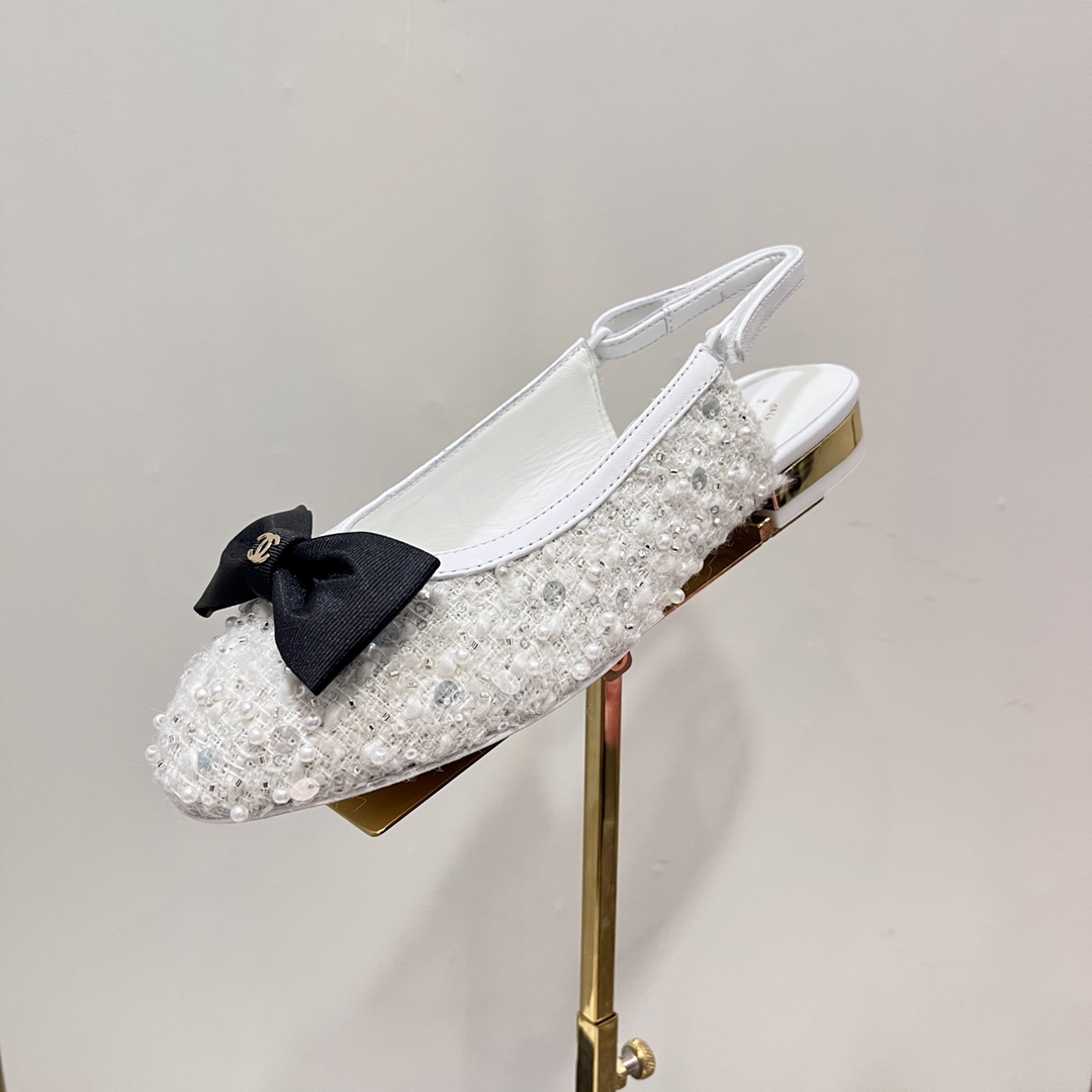 Bagsaaa Ch**el Slingbacks Embroidery Strass & Lambskin White G45689