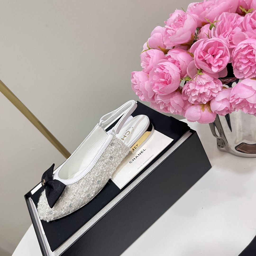 Bagsaaa Ch**el Slingbacks Embroidery Strass & Lambskin White G45689