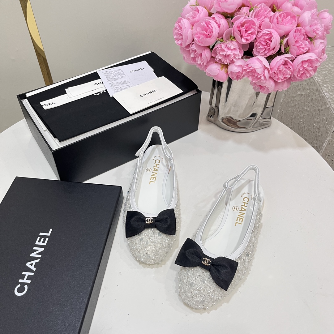 Bagsaaa Ch**el Slingbacks Embroidery Strass & Lambskin White G45689
