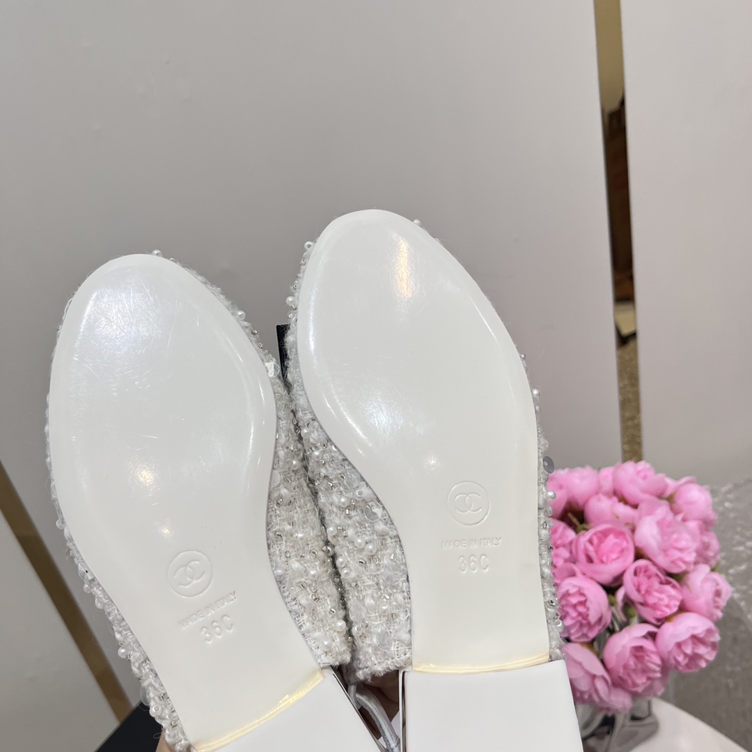 Bagsaaa Ch**el Slingbacks Embroidery Strass & Lambskin White G45689