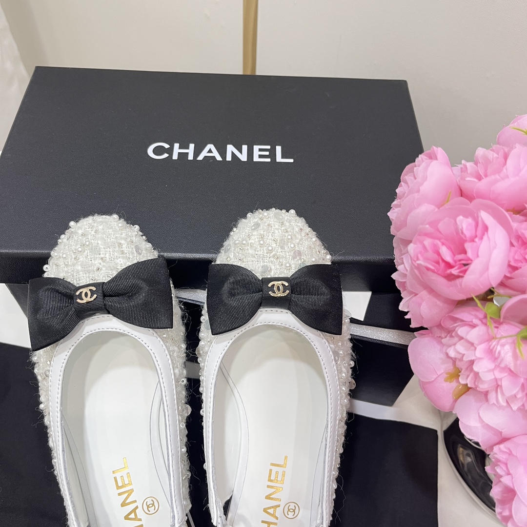 Bagsaaa Ch**el Slingbacks Embroidery Strass & Lambskin White G45689