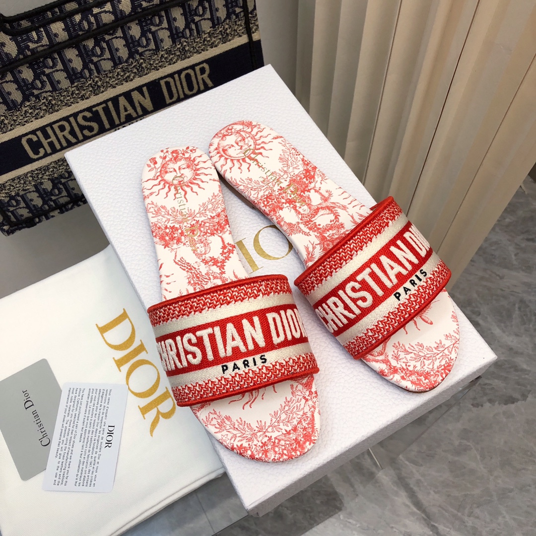 Bagsaaa D10riviera Dway Slide Cotton Embroidered with Coral Toile de Jouy Soleil Motif