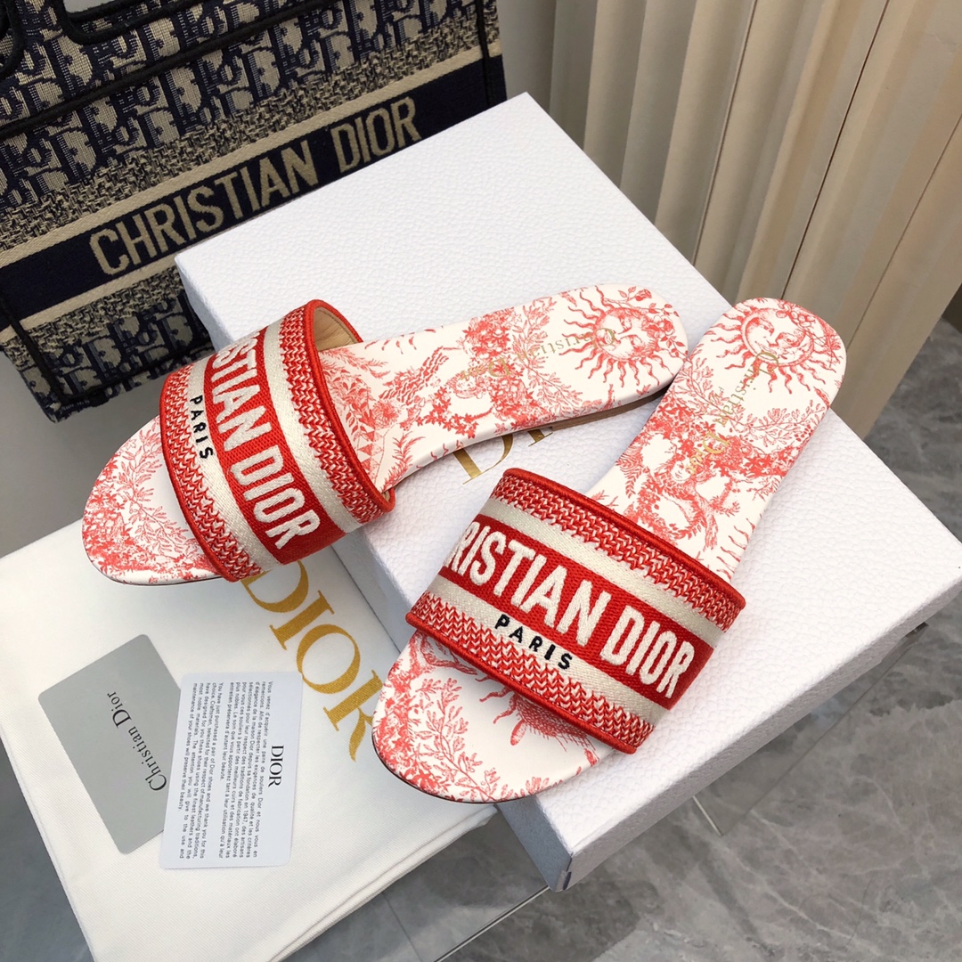 Bagsaaa D10riviera Dway Slide Cotton Embroidered with Coral Toile de Jouy Soleil Motif