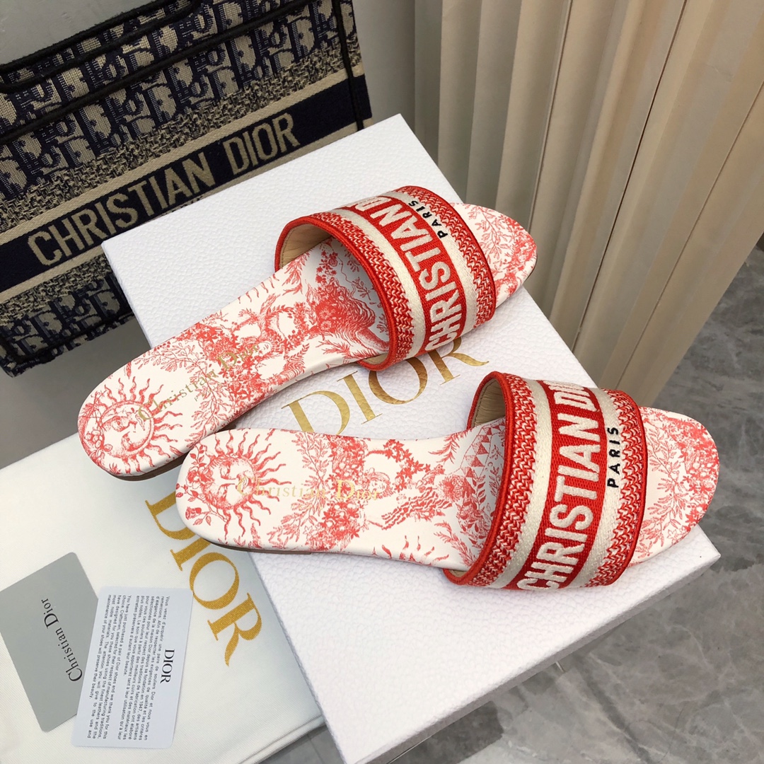Bagsaaa D10riviera Dway Slide Cotton Embroidered with Coral Toile de Jouy Soleil Motif