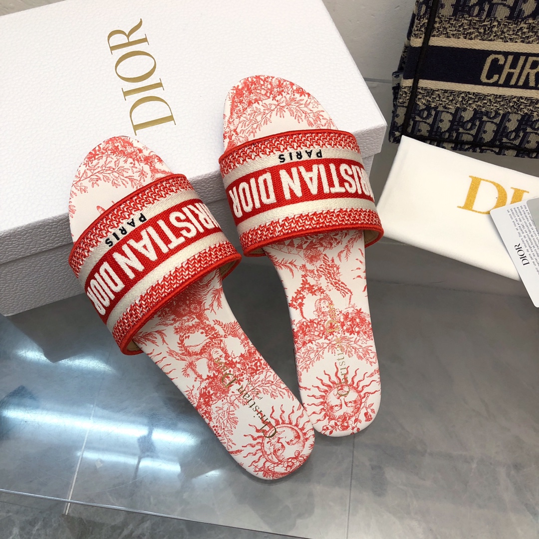 Bagsaaa D10riviera Dway Slide Cotton Embroidered with Coral Toile de Jouy Soleil Motif