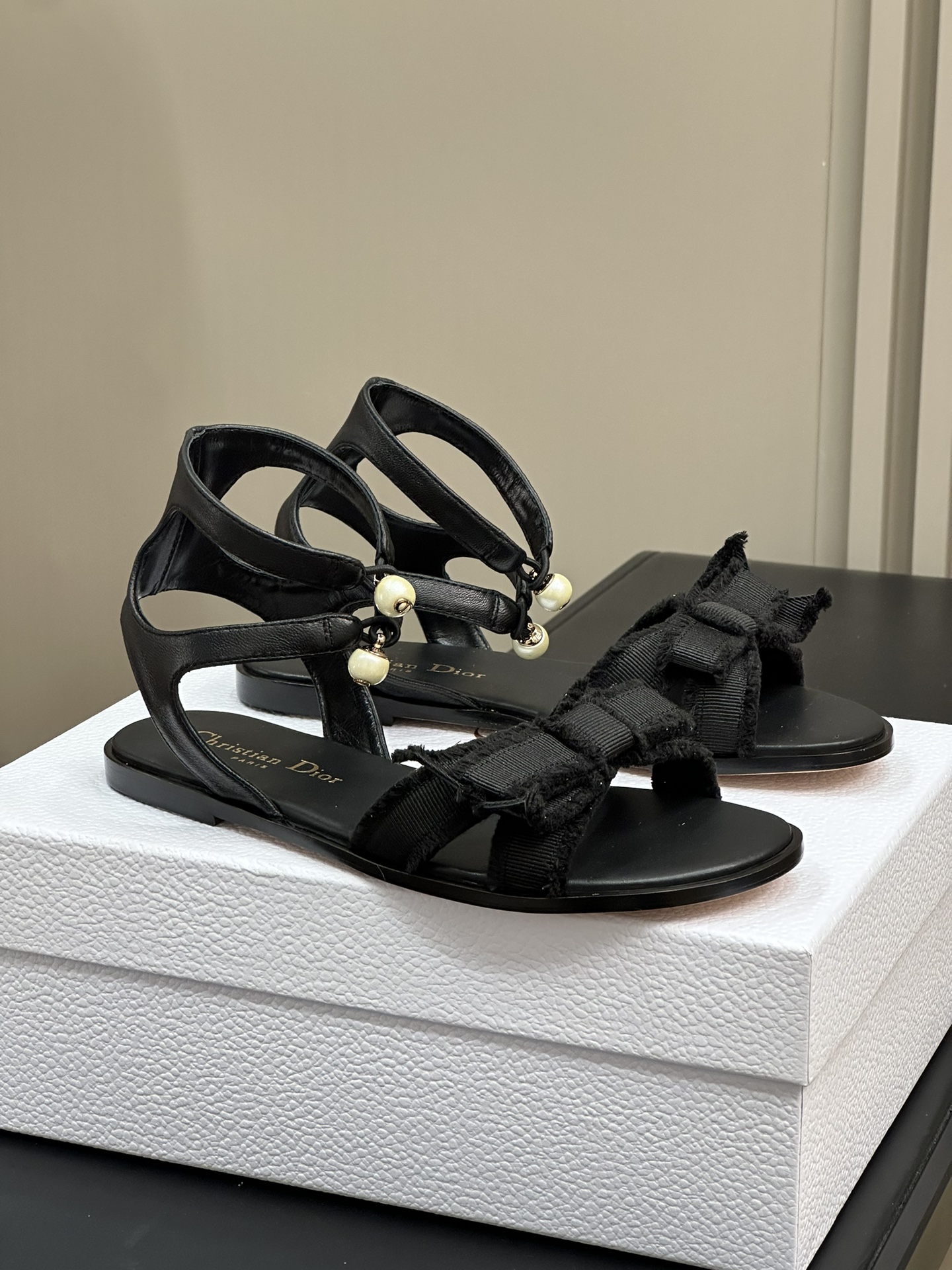 Bagsaaa D10r AD10rable Sandal Black Calfskin and Fringed Grosgrain