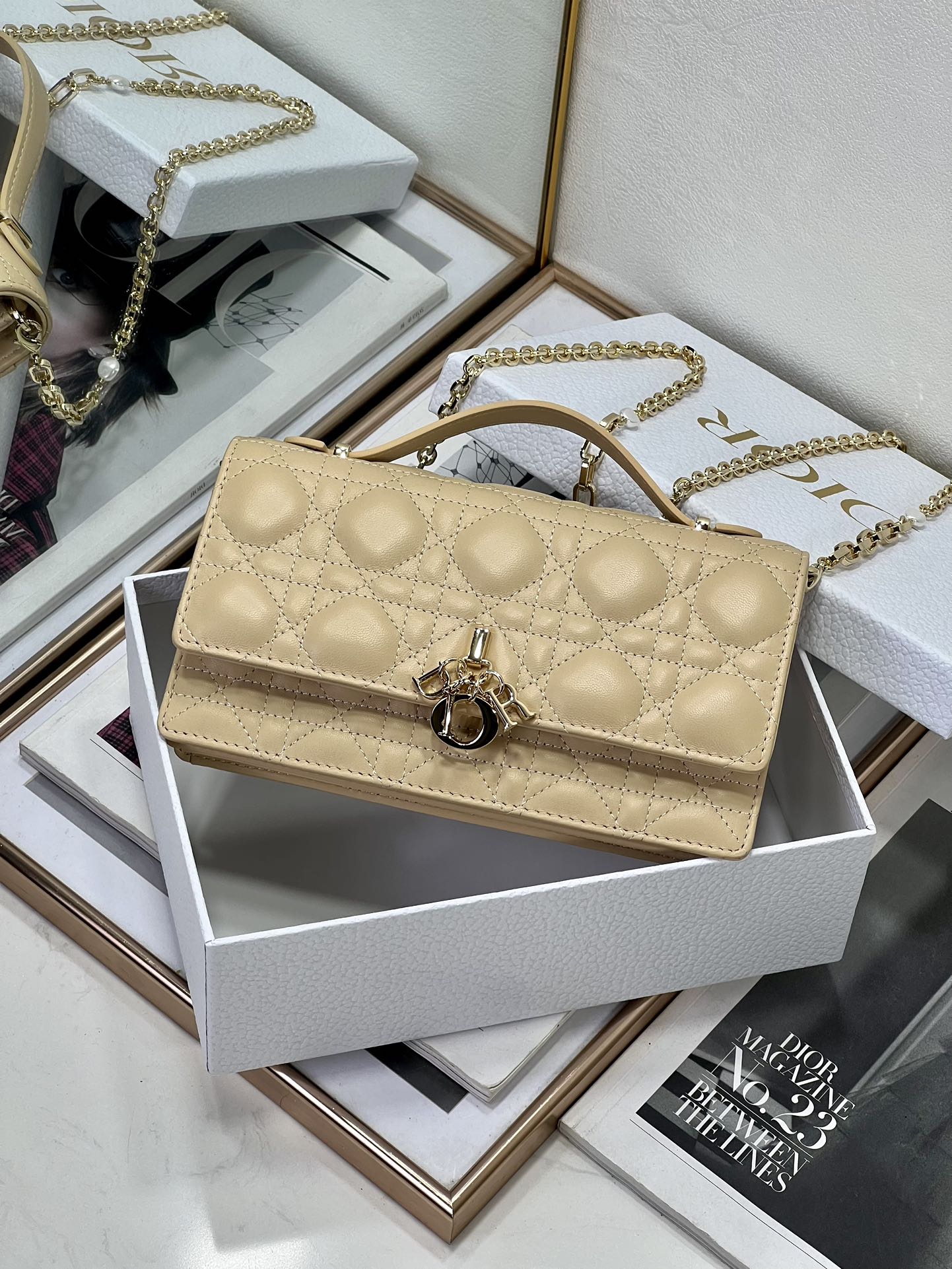 Bagsaaa My D10r Mini Bag Light Beige Cannage Lambskin - 21 x 11.5 x 4.5 cm