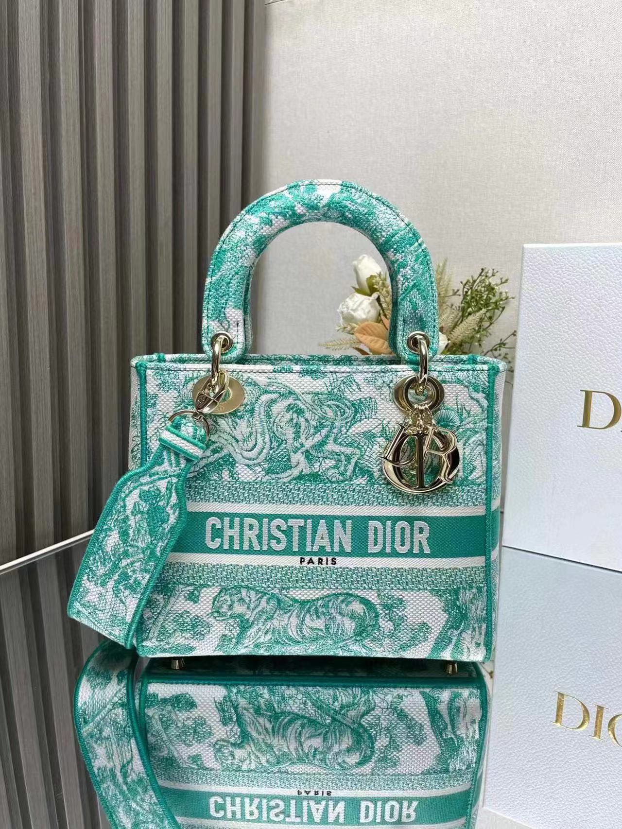 Bagsaaa Medium D10riviera Lady D-Lite Bag Aquamarina Toile de Jouy Embroidery - 24 x 20 x 12 cm