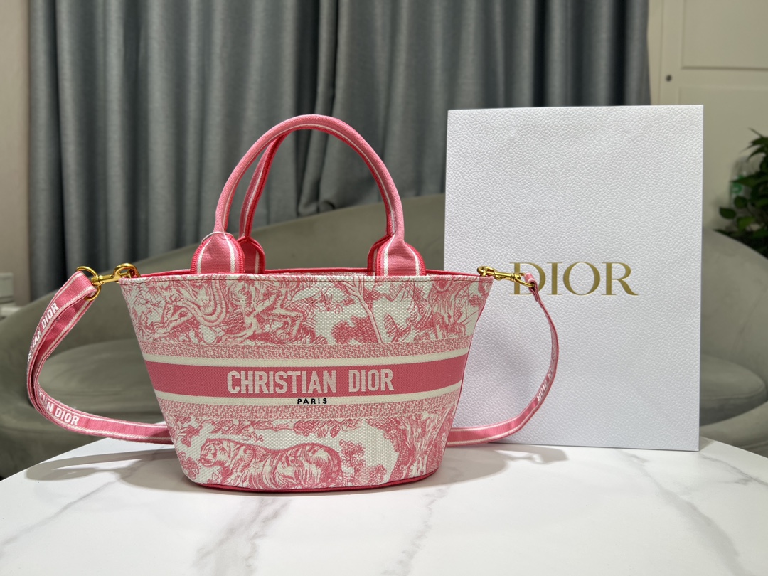 Bagsaaa D10riviera Hat Basket Bag Candy Pink Toile de Jouy Embroidery - 35 x 20.5 x 11 cm