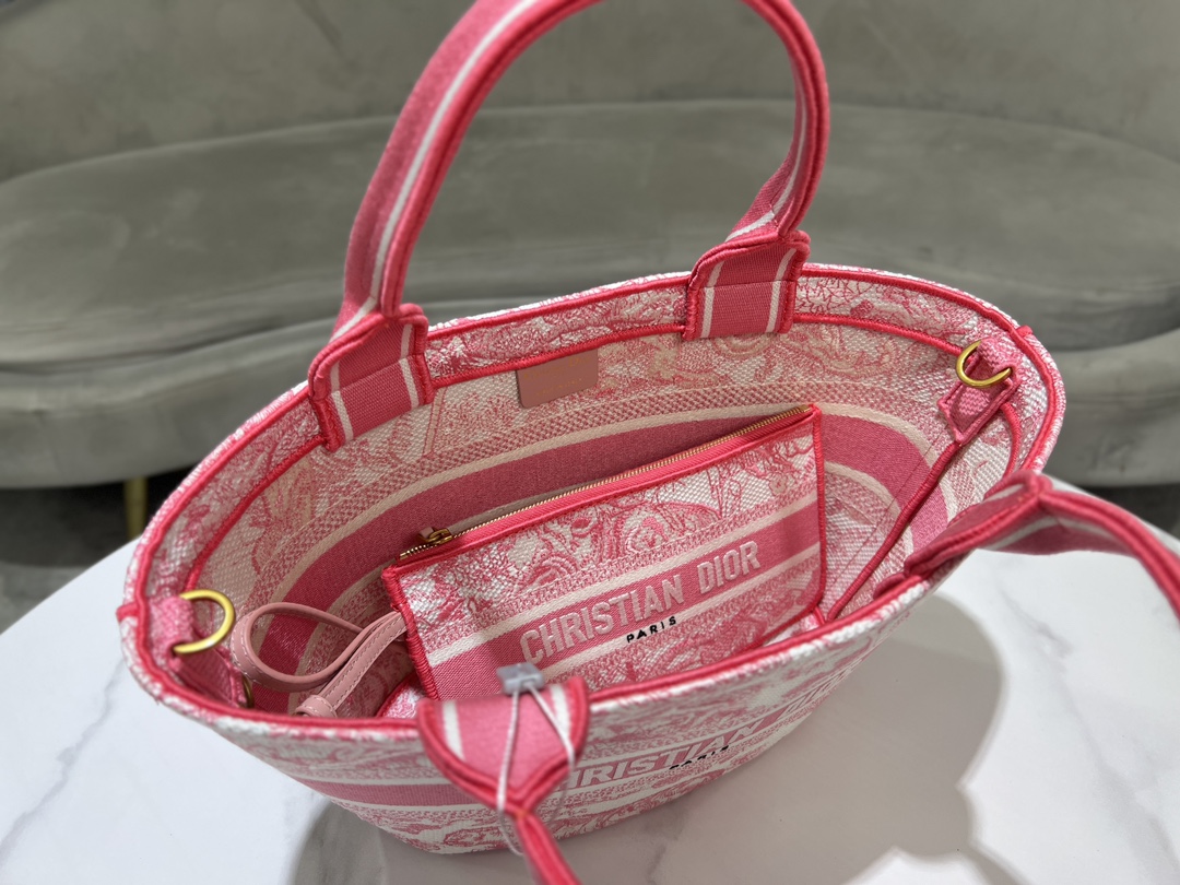 Bagsaaa D10riviera Hat Basket Bag Candy Pink Toile de Jouy Embroidery - 35 x 20.5 x 11 cm