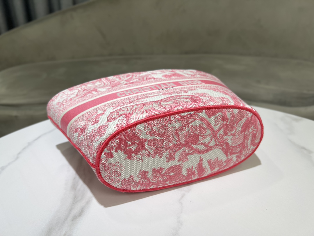 Bagsaaa D10riviera Hat Basket Bag Candy Pink Toile de Jouy Embroidery - 35 x 20.5 x 11 cm