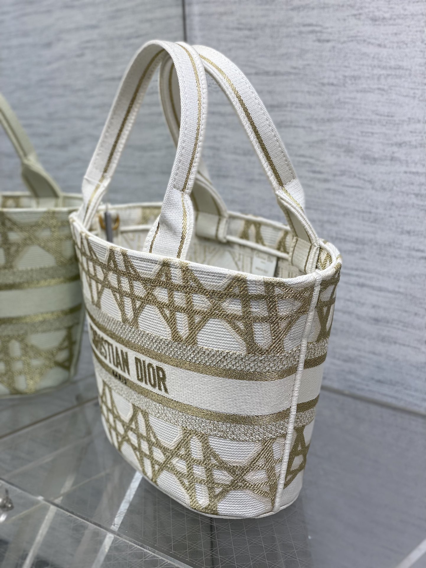 Bagsaaa D10r Hat Basket Bag White and Gold-Tone Macrocannage Embroidery - 35 x 20.5 x 11 cm