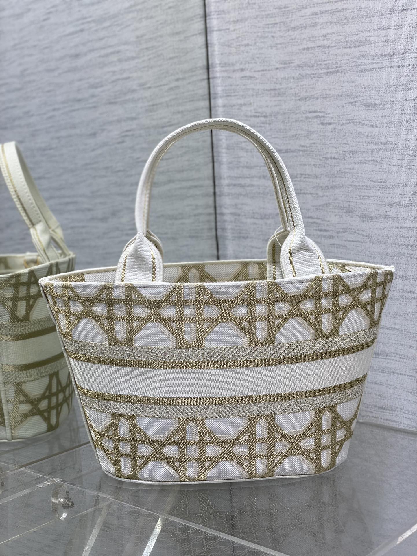 Bagsaaa D10r Hat Basket Bag White and Gold-Tone Macrocannage Embroidery - 35 x 20.5 x 11 cm