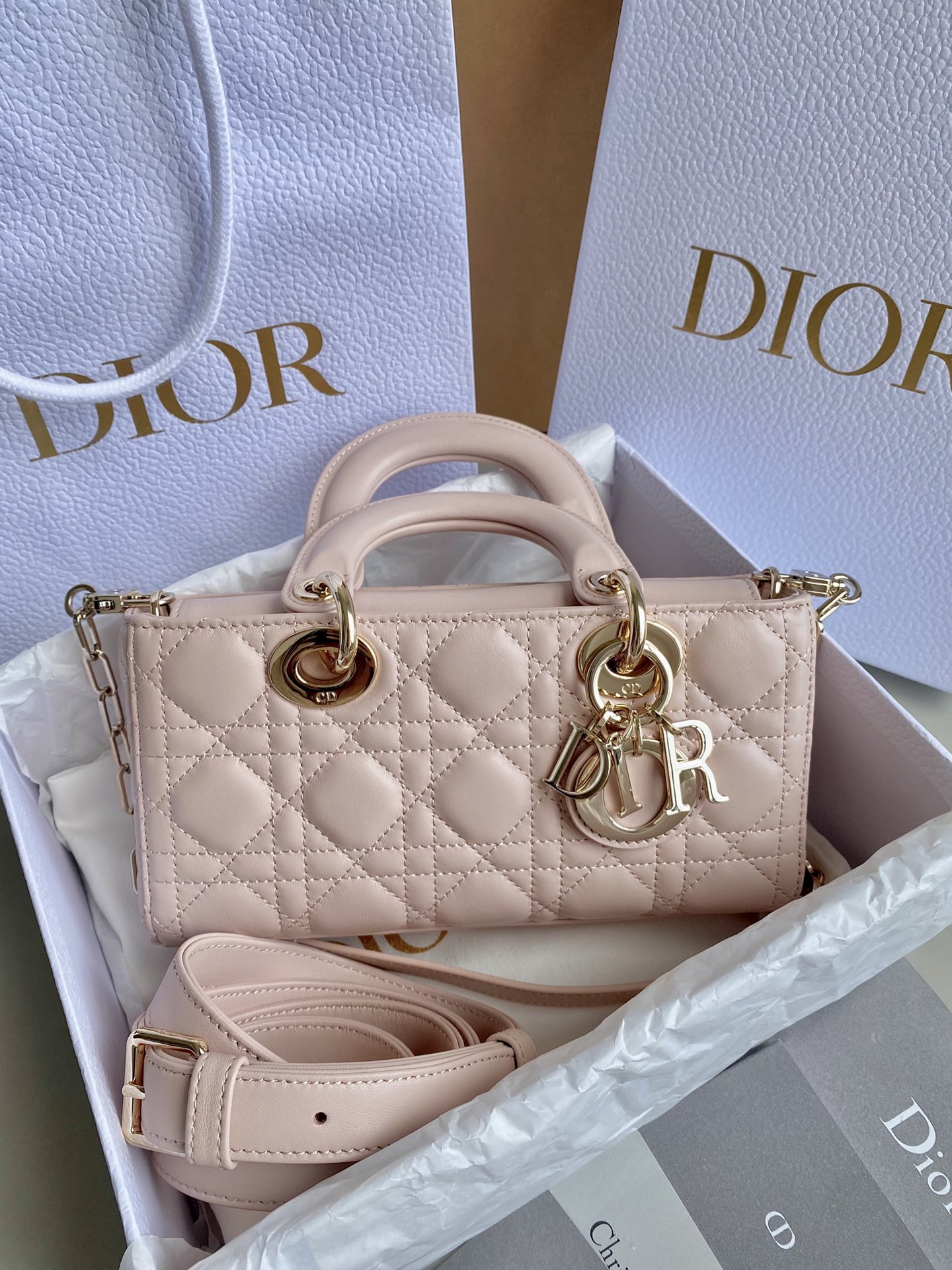 Bagsaaa D10r Small Lady D-Joy Bag Powder Pink Cannage Lambskin - 22 x 12 x 6 cm
