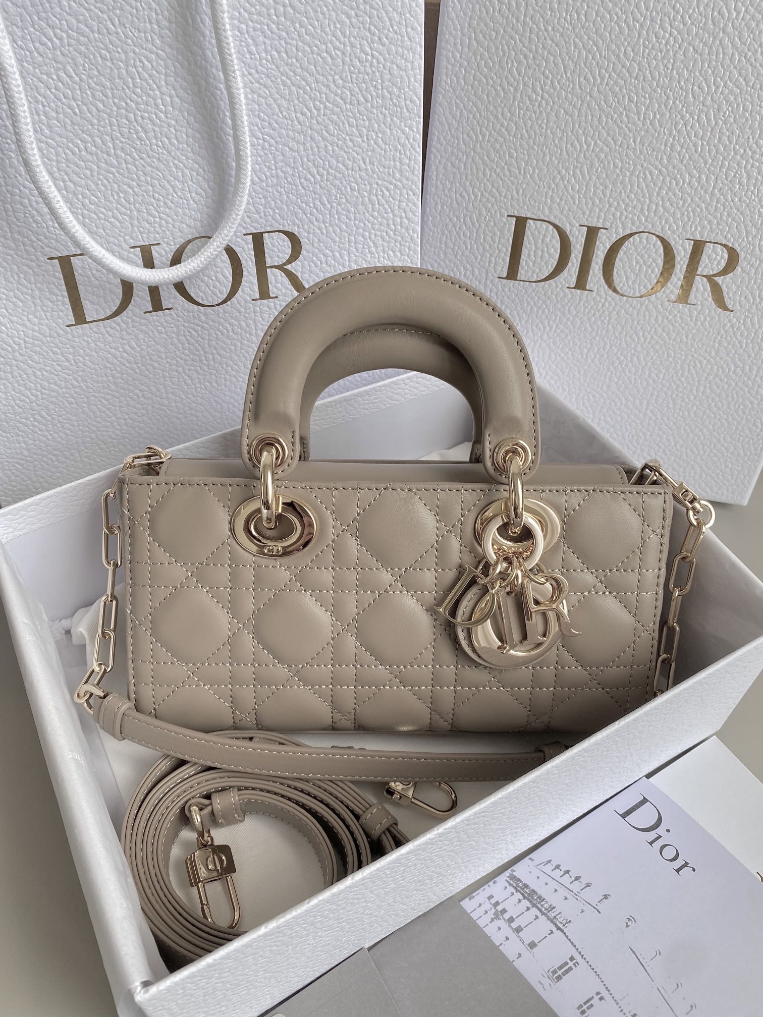 Bagsaaa D10r Small Lady D-Joy Bag Powder Beige Cannage Lambskin - 22 x 12 x 6 cm