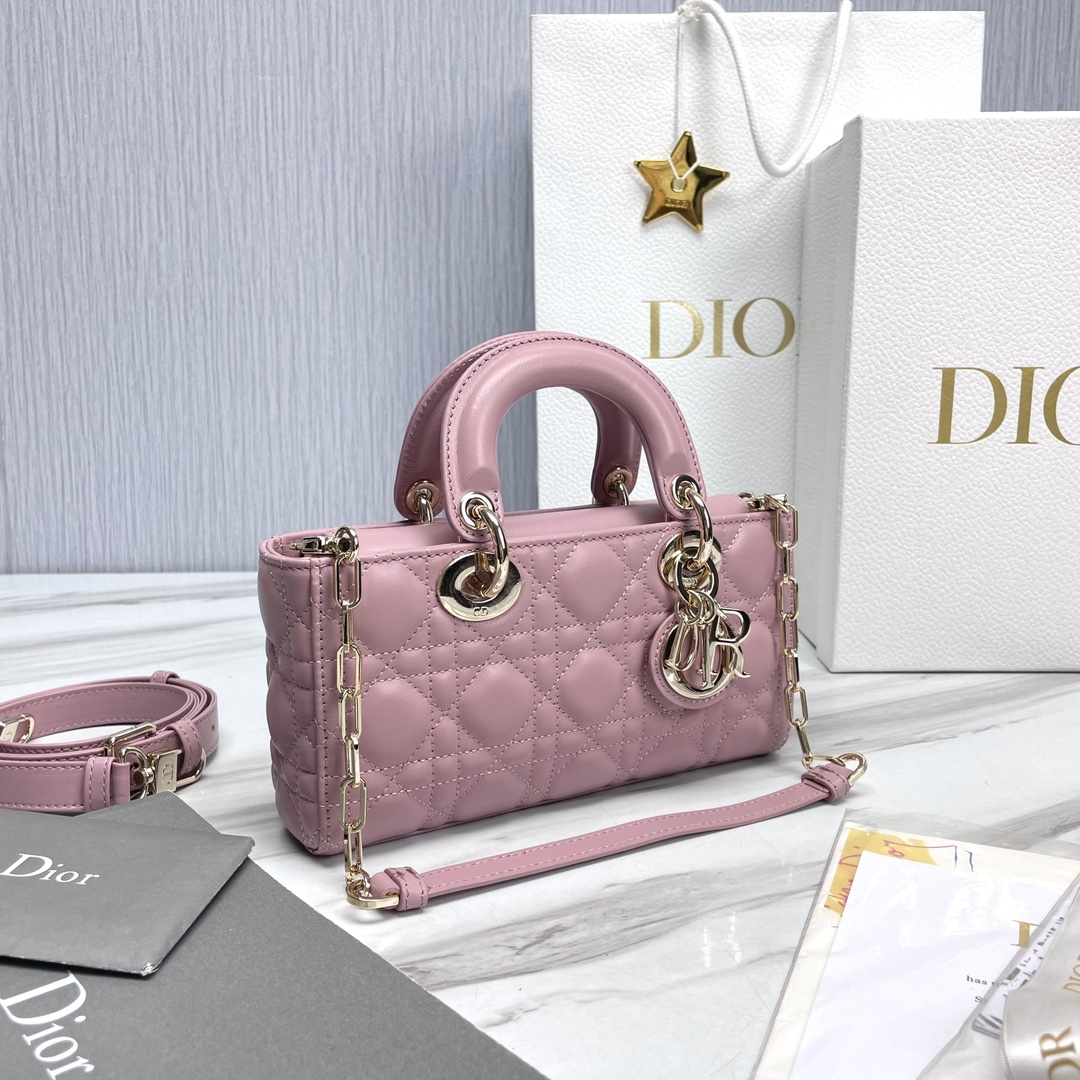 Bagsaaa D10r Small Lady D-Joy Bag Pale Pink Cannage Lambskin - 22 x 12 x 6 cm