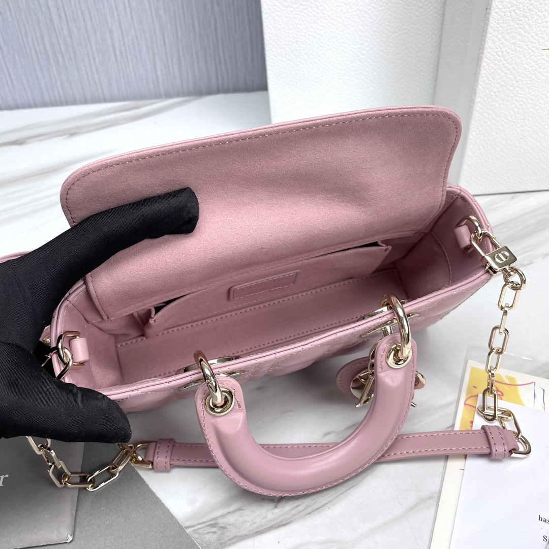 Bagsaaa D10r Small Lady D-Joy Bag Pale Pink Cannage Lambskin - 22 x 12 x 6 cm