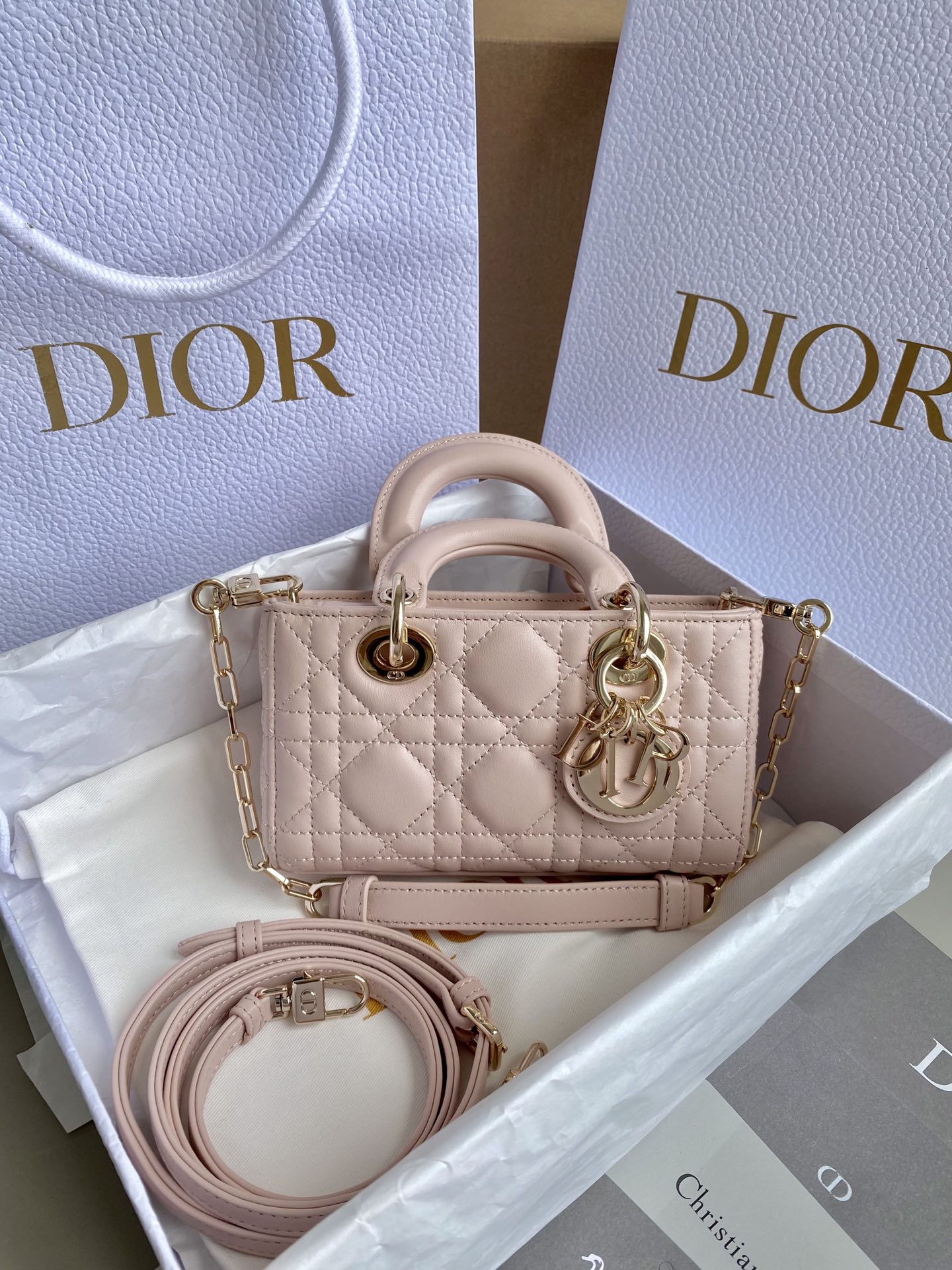 Bagsaaa D10r Lady D-Joy Micro Bag Powder Pink Cannage Lambskin - 16 x 9 x 5 cm