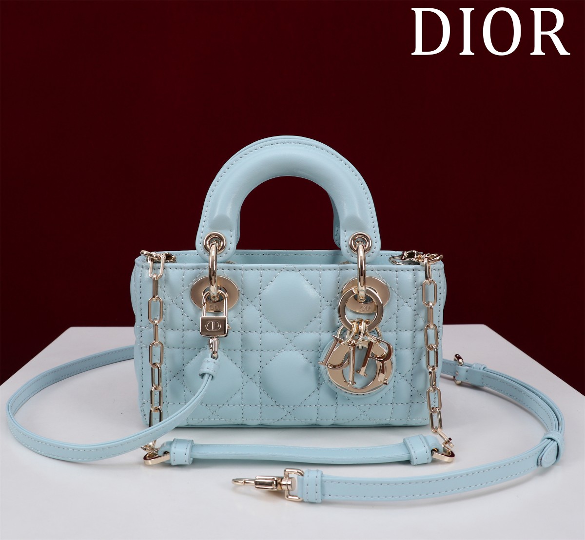 Bagsaaa D10r Lady D-Joy Micro Bag Céleste Blue Cannage Lambskin - 16 x 9 x 5 cm