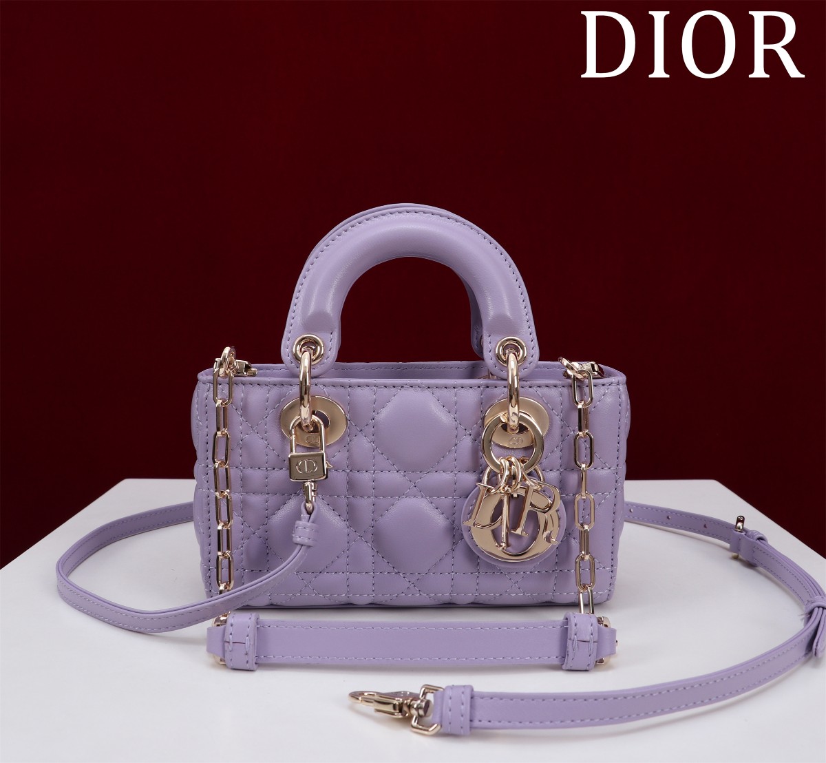 Bagsaaa D10r Lady D-Joy Micro Bag Lilac Purple Cannage Lambskin - 16 x 9 x 5 cm