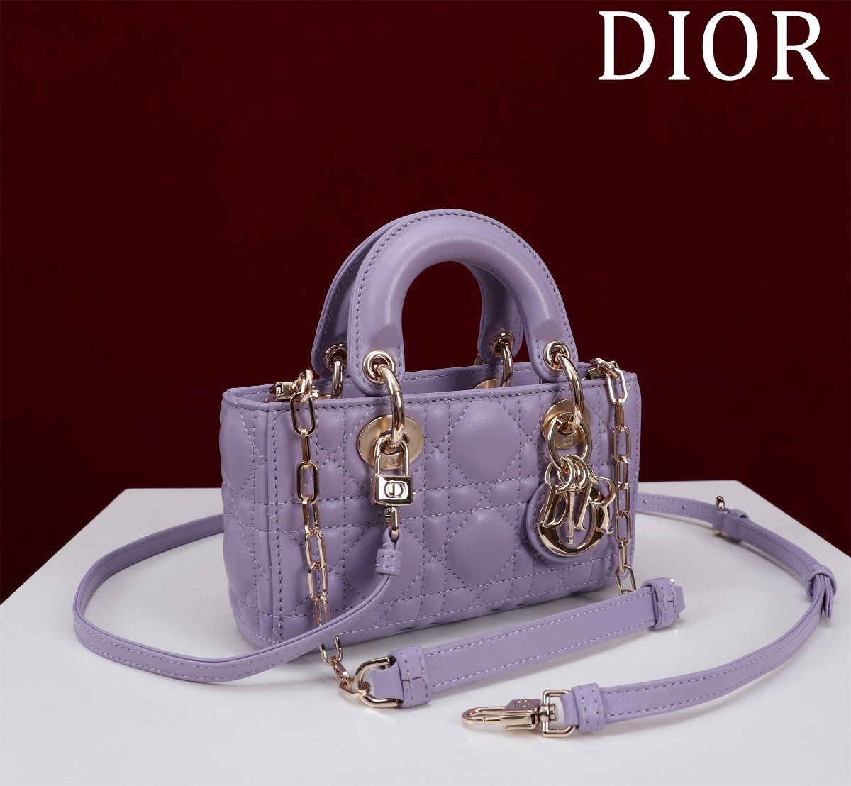 Bagsaaa D10r Lady D-Joy Micro Bag Lilac Purple Cannage Lambskin - 16 x 9 x 5 cm
