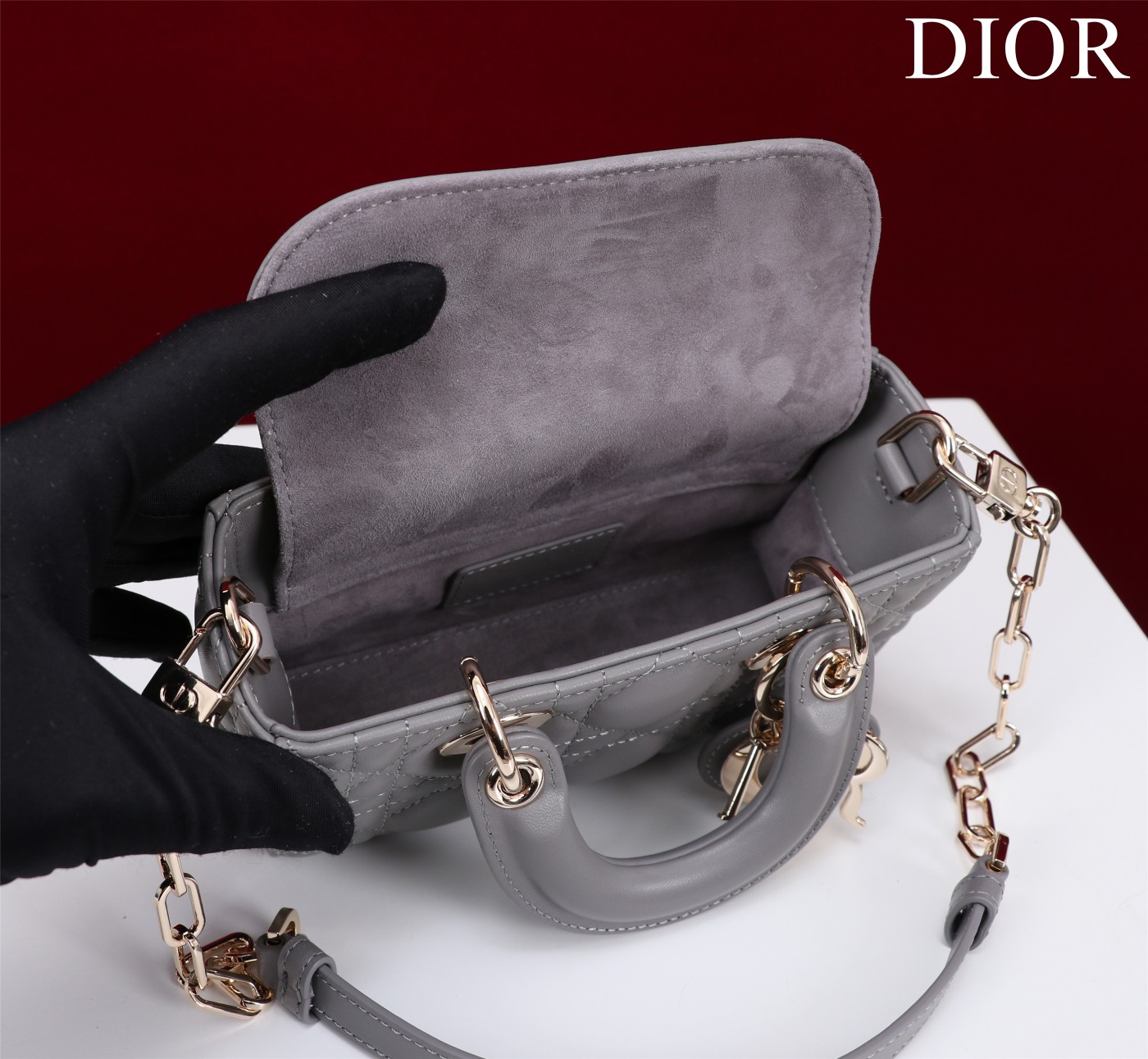 Bagsaaa D10r Lady D-Joy Micro Bag Gray Cannage Lambskin - 16 x 9 x 5 cm