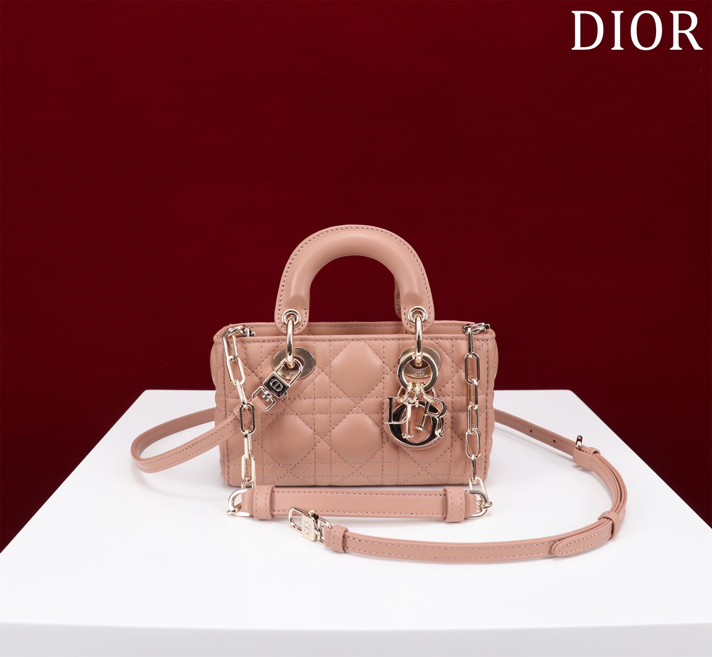 Bagsaaa D10r Lady D-Joy Micro Bag Rose des Vents Cannage Lambskin - 16 x 9 x 5 cm