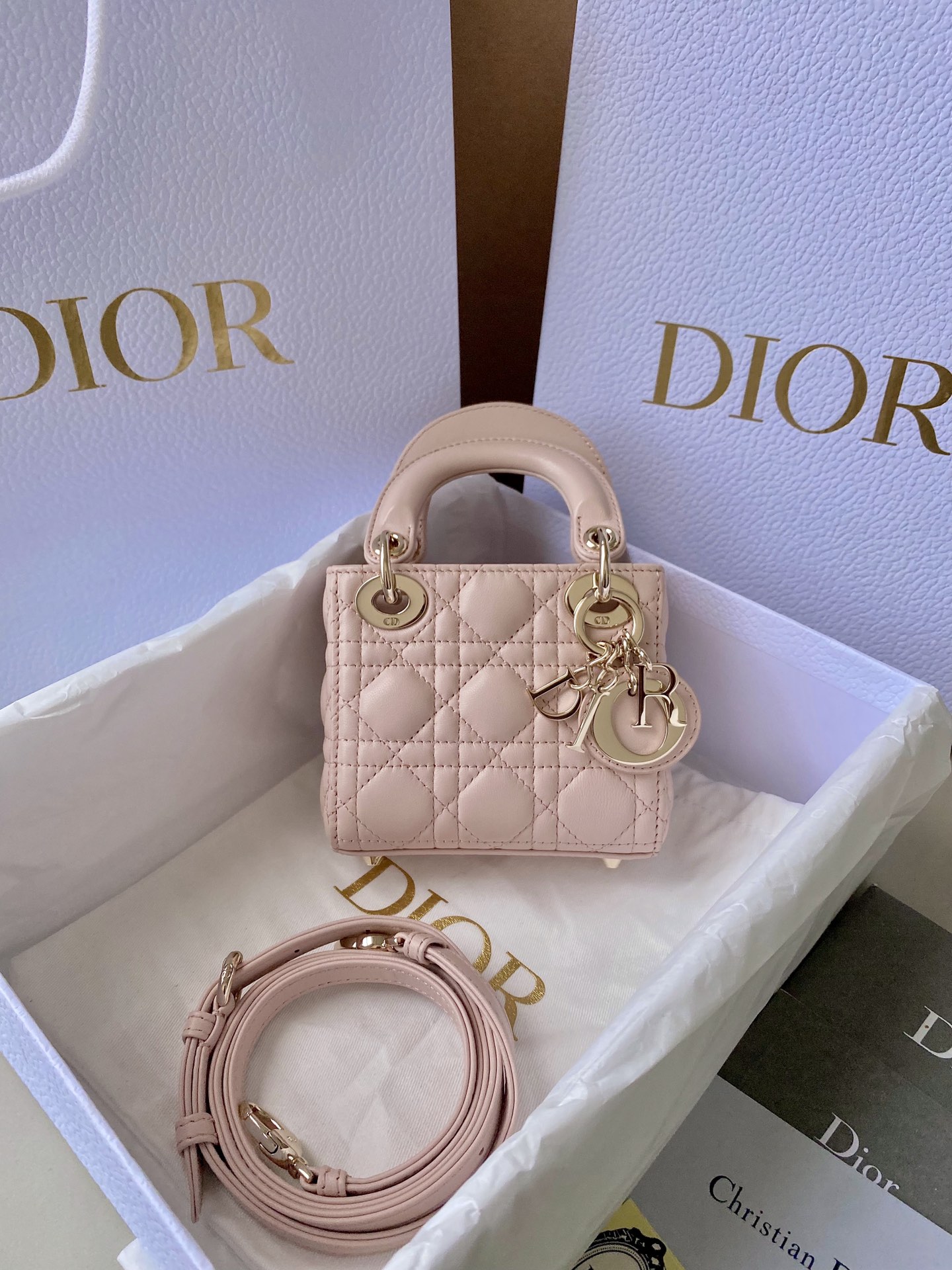 Bagsaaa Lady D10r Micro Bag Powder Pink Cannage Lambskin - 12 x 10.2 x 5 cm