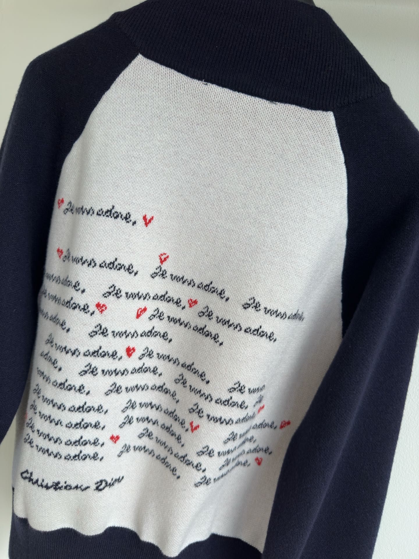 Bagsaaa D10ramour Bomber Jacket White Technical Knit with Black and Red Je Vous Adore Motif