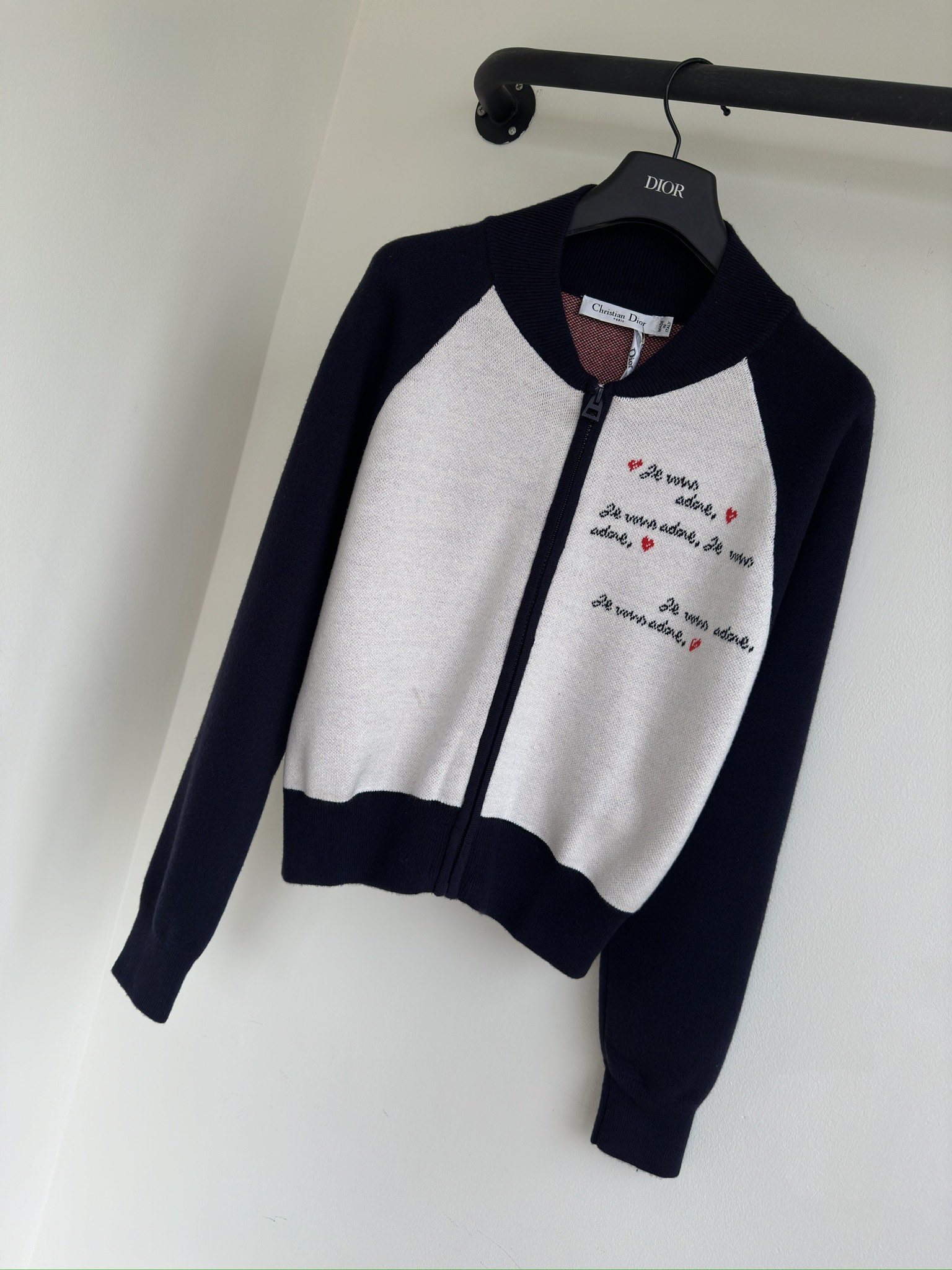Bagsaaa D10ramour Bomber Jacket White Technical Knit with Black and Red Je Vous Adore Motif