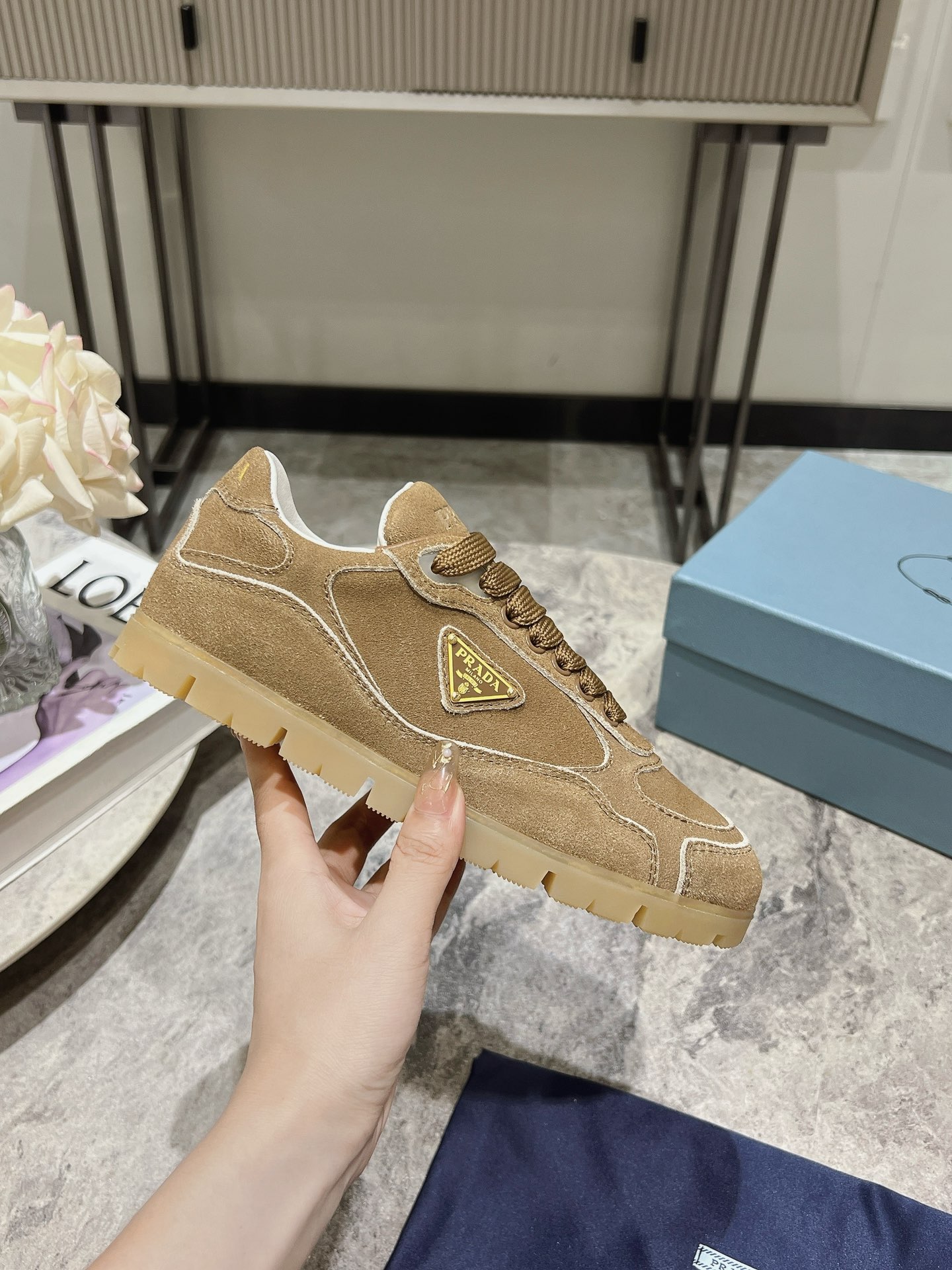 Bagsaaa Pra*a Faded Suede Sneakers Dark Beige