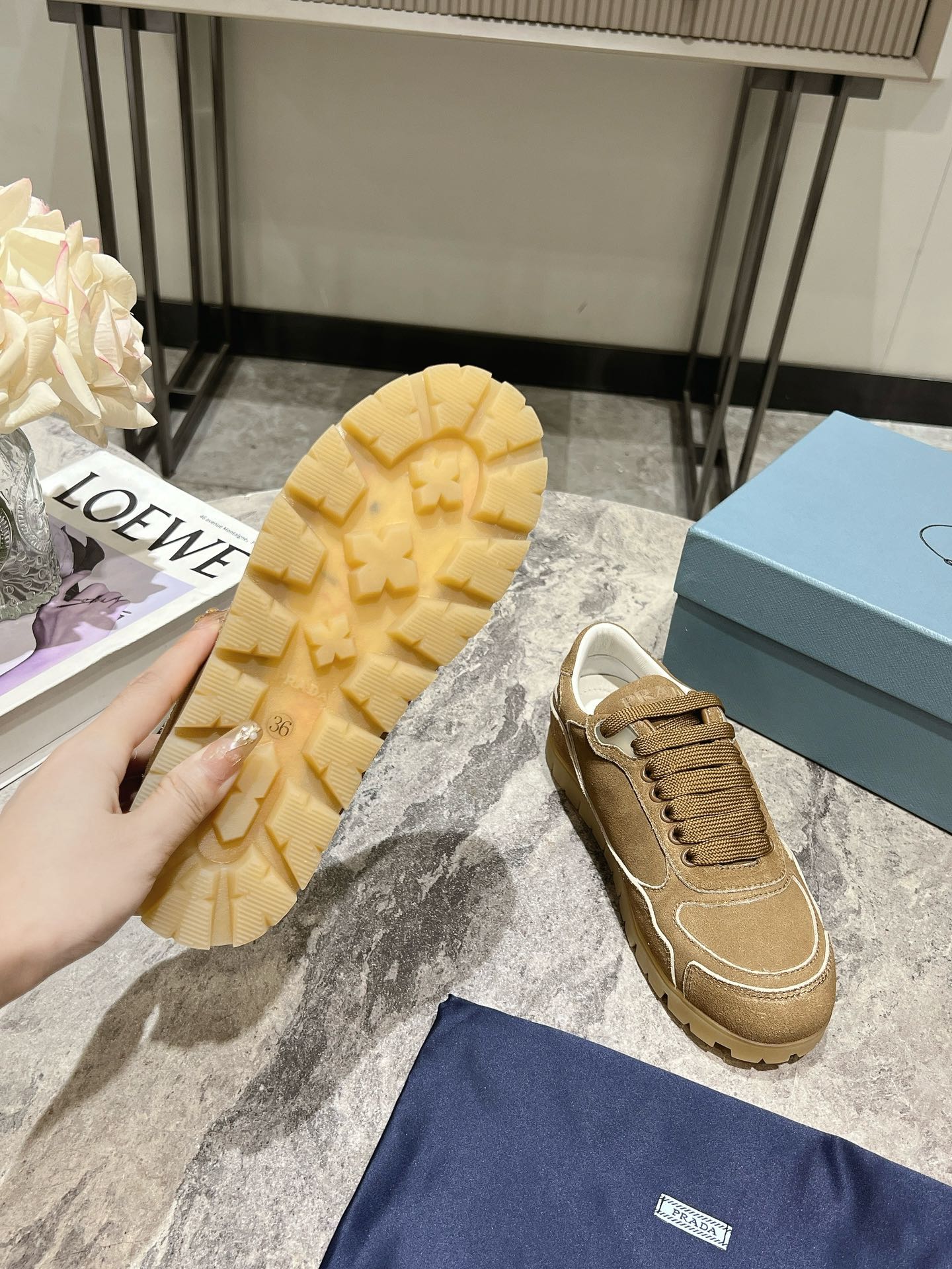 Bagsaaa Pra*a Faded Suede Sneakers Dark Beige