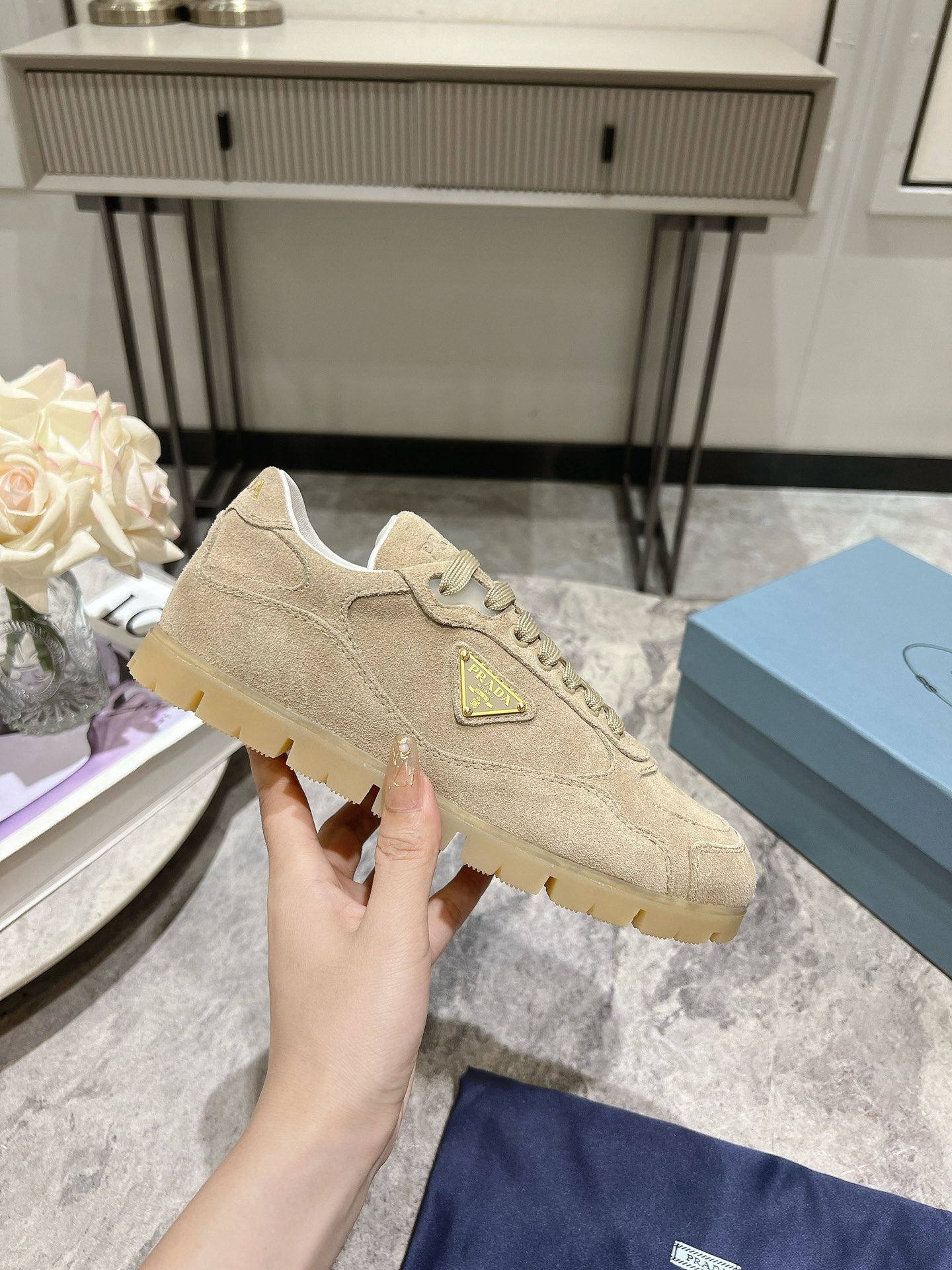 Bagsaaa Pra*a Faded Suede Sneakers Light Beige