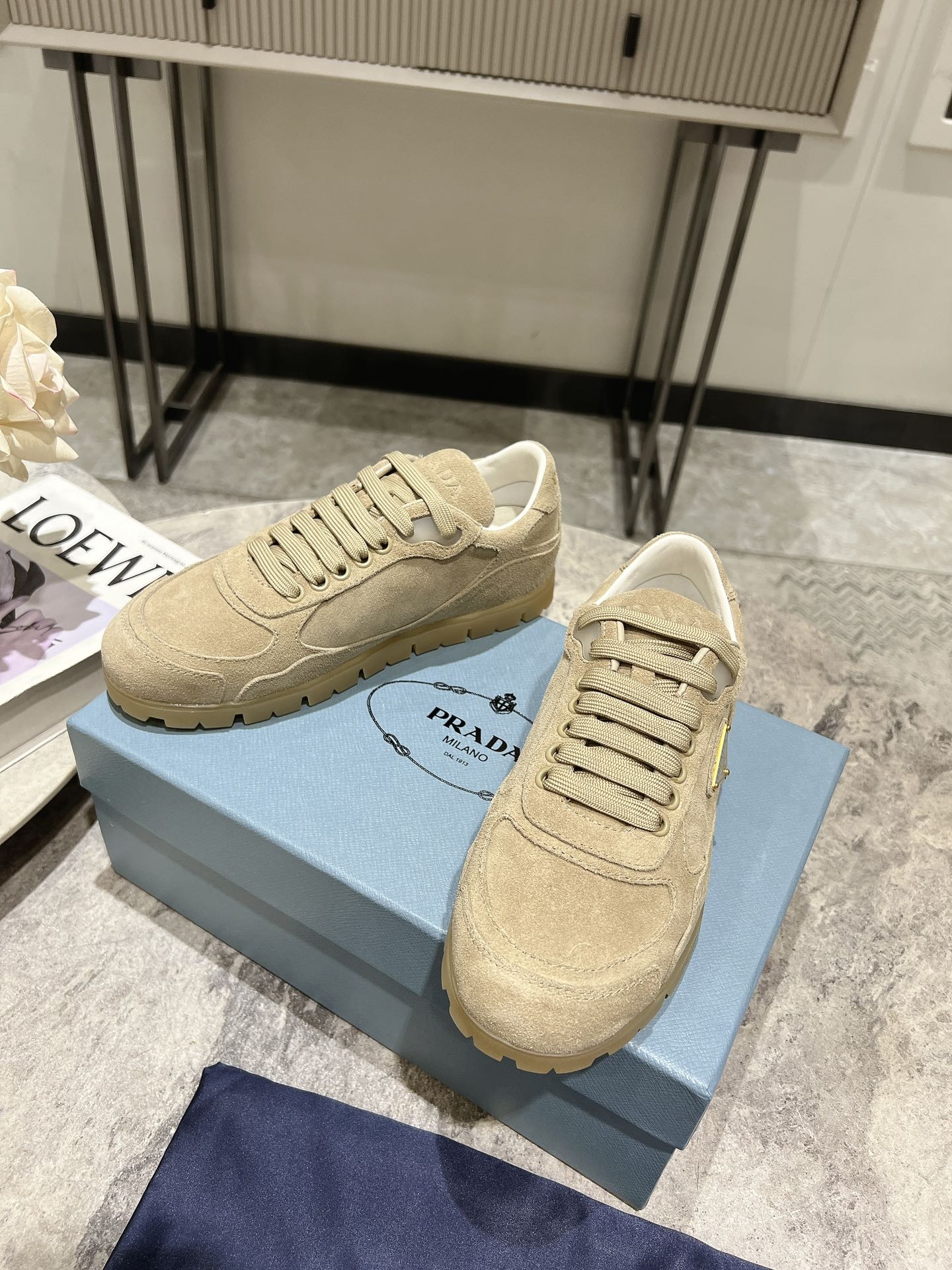 Bagsaaa Pra*a Faded Suede Sneakers Light Beige