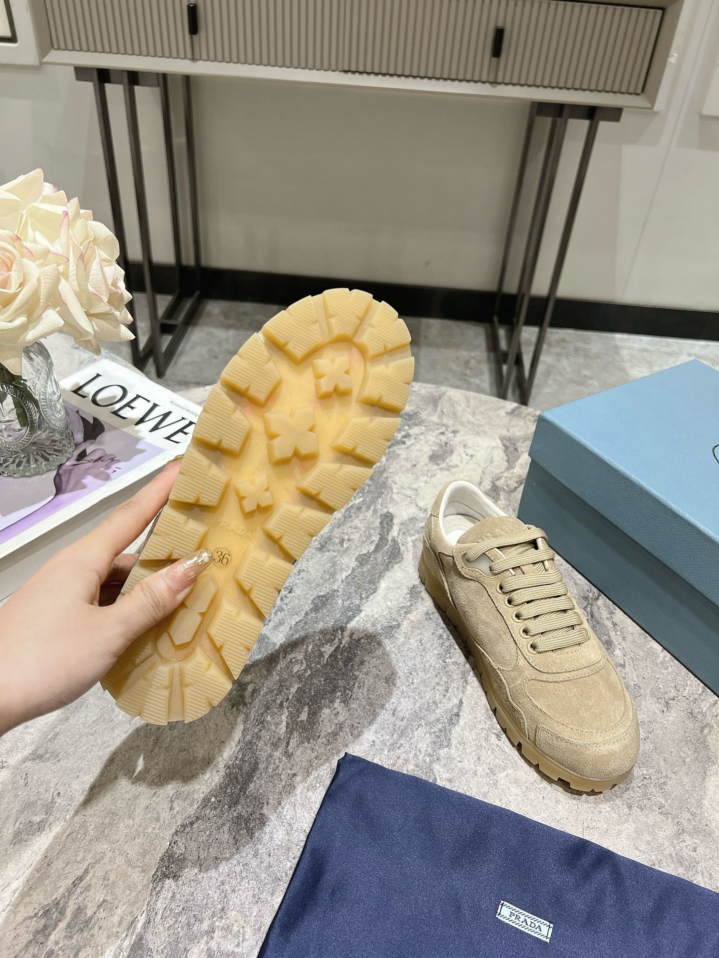 Bagsaaa Pra*a Faded Suede Sneakers Light Beige