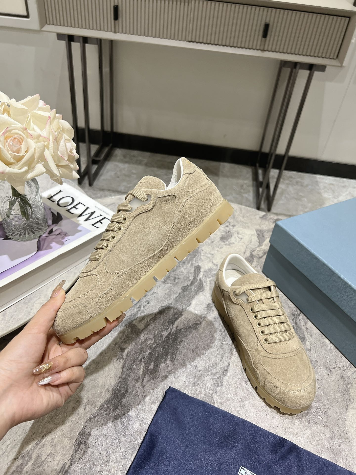 Bagsaaa Pra*a Faded Suede Sneakers Light Beige
