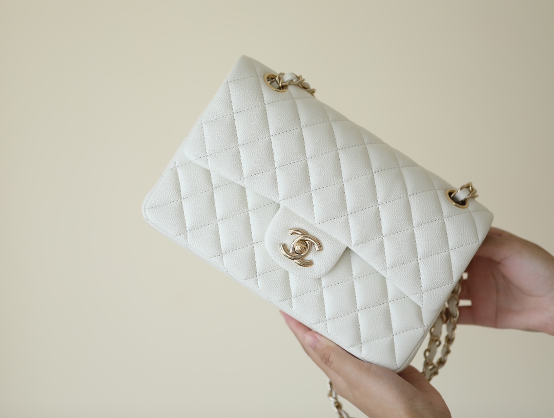 Bagsaaa Ch**el Small Flap Bag White Caviar & Light Gold Hardware - 23cm
