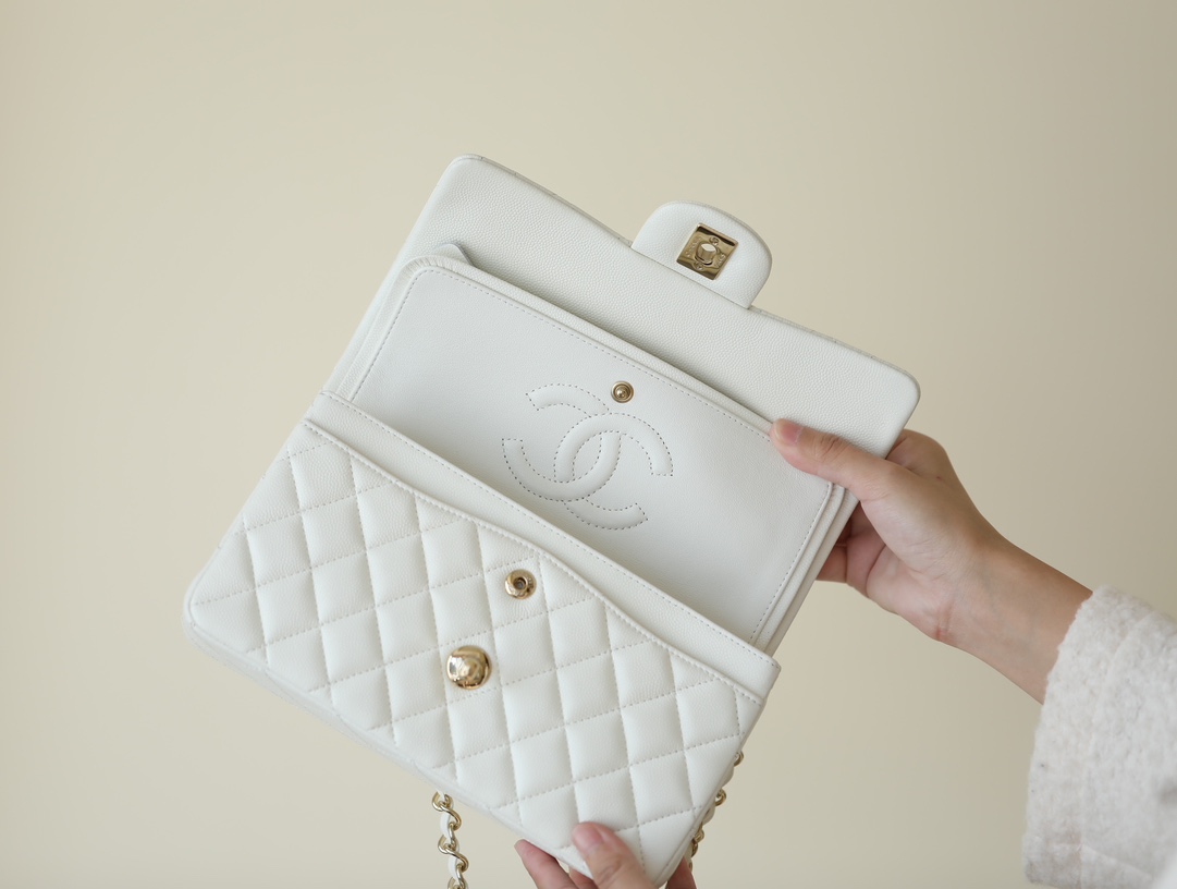 Bagsaaa Ch**el Small Flap Bag White Caviar & Light Gold Hardware - 23cm