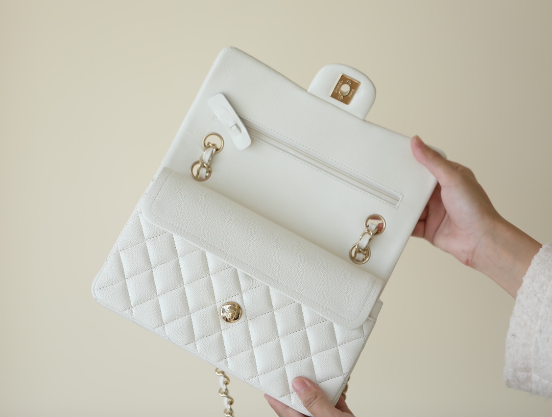 Bagsaaa Ch**el Small Flap Bag White Caviar & Light Gold Hardware - 23cm