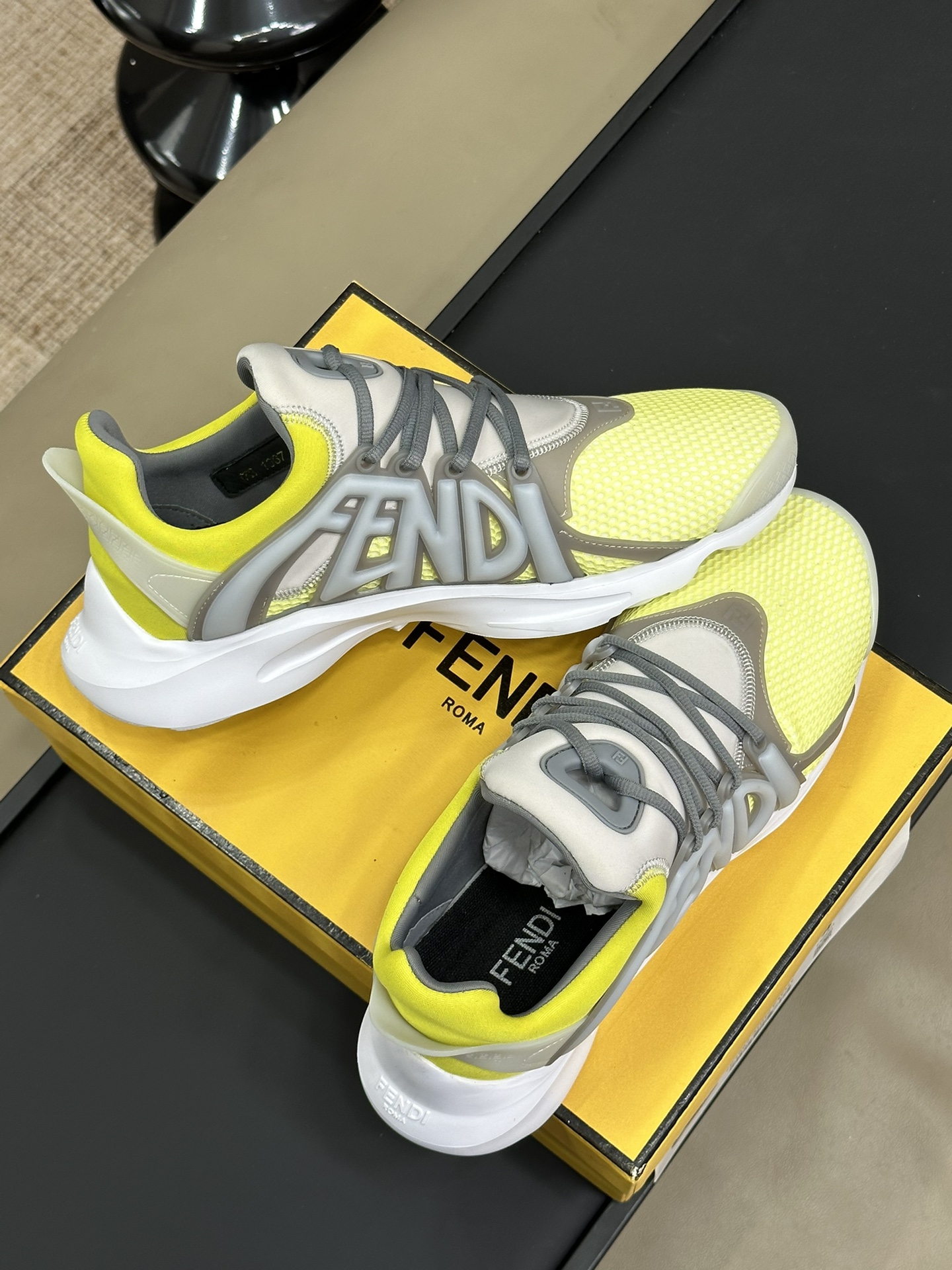 Bagsaaa F**di Tag Sneakers Yellow Technical Mesh Running Sneakers