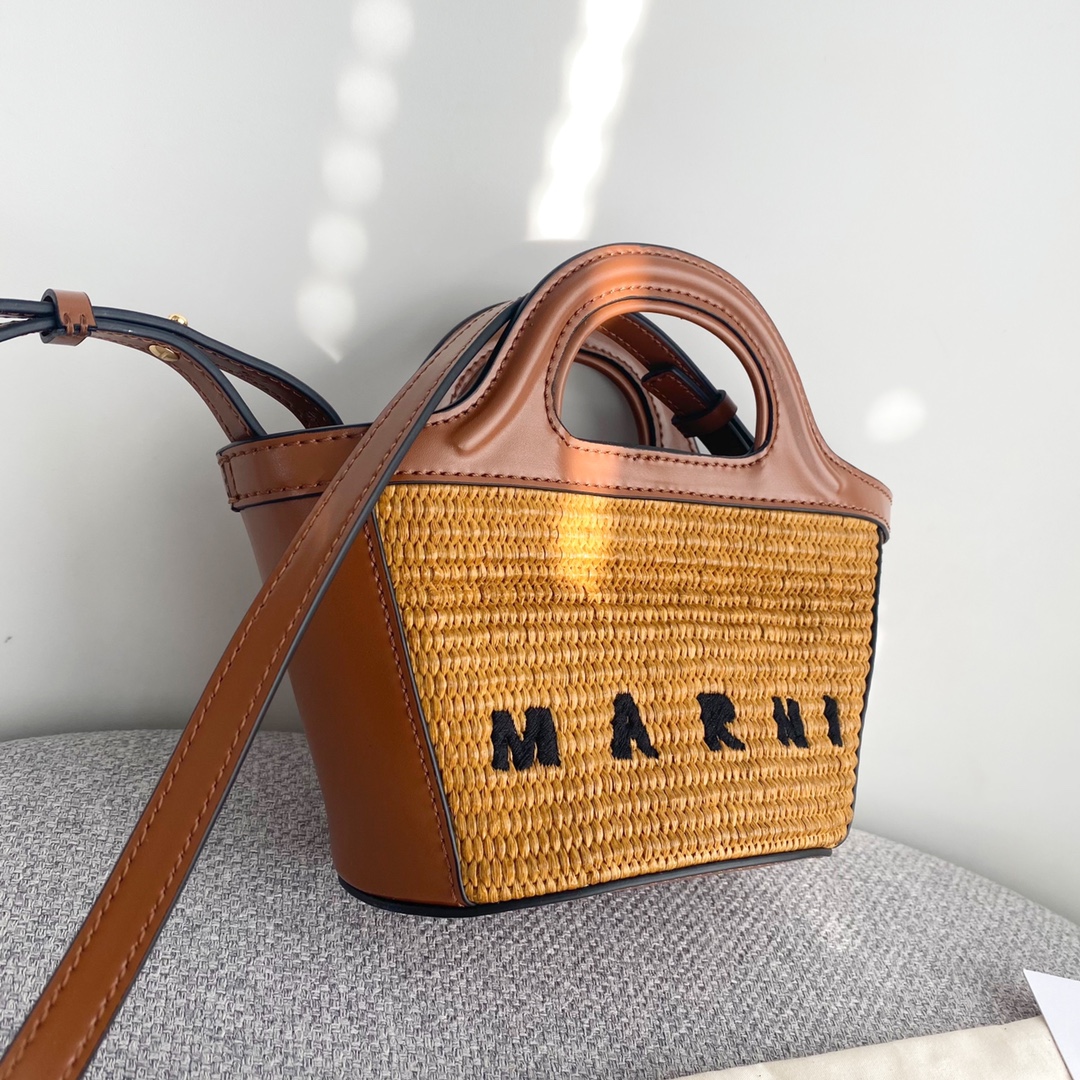 Bagsaaa Marni Tropicalia Micro Bag in brown leather and raffia-effect fabric