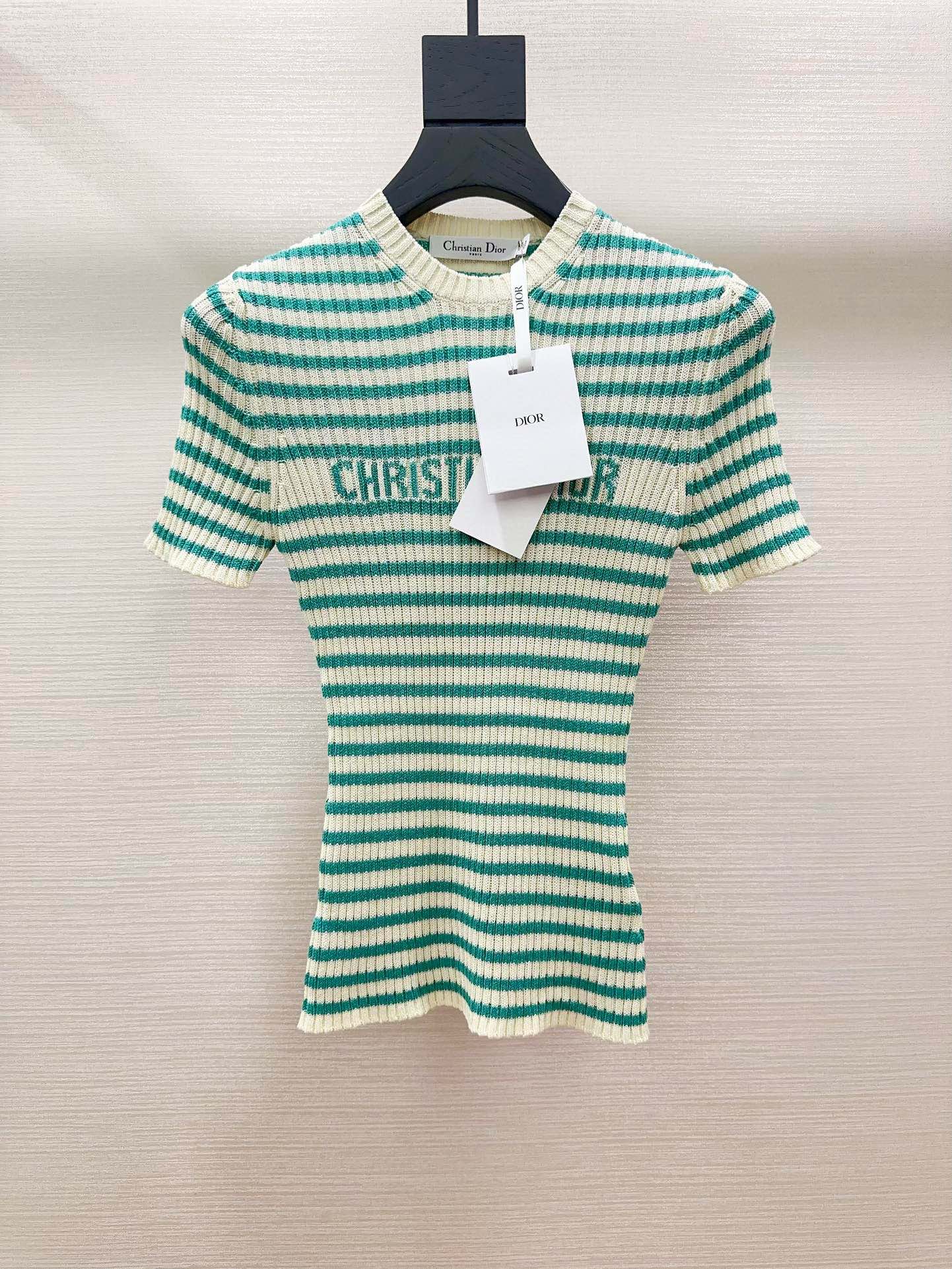 Bagsaaa D10riviera Short-Sleeved Sweater White and Aquamarina Cotton Ribbed Knit with D10r Marinière Motif