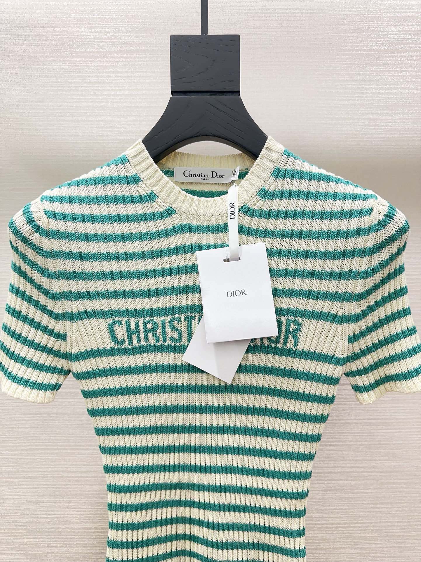 Bagsaaa D10riviera Short-Sleeved Sweater White and Aquamarina Cotton Ribbed Knit with D10r Marinière Motif