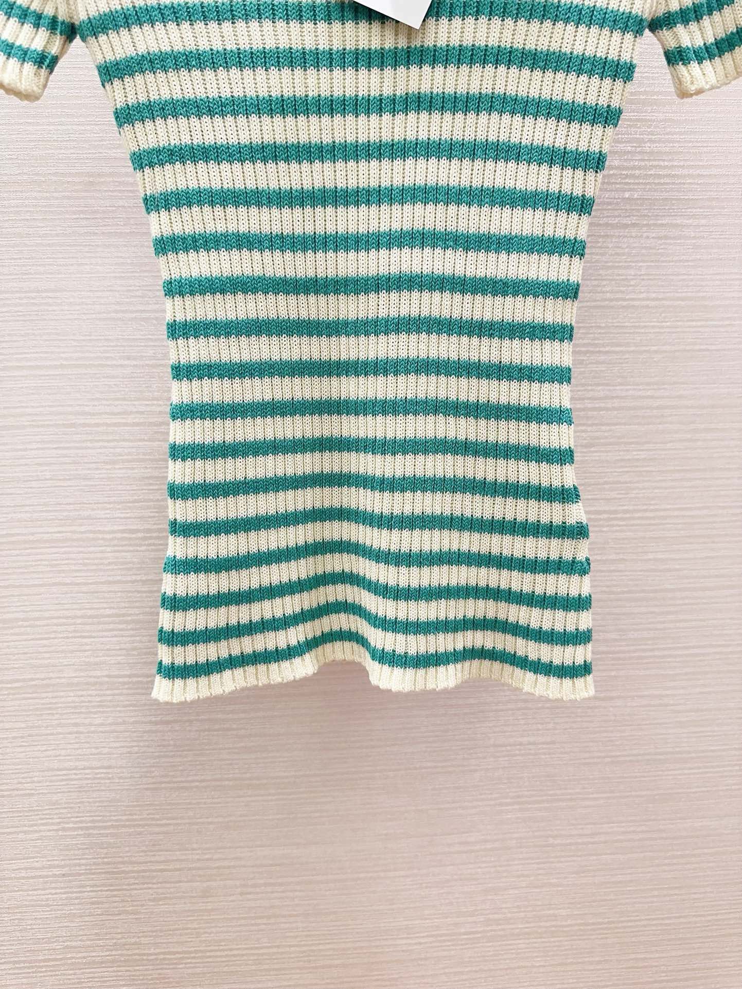 Bagsaaa D10riviera Short-Sleeved Sweater White and Aquamarina Cotton Ribbed Knit with D10r Marinière Motif