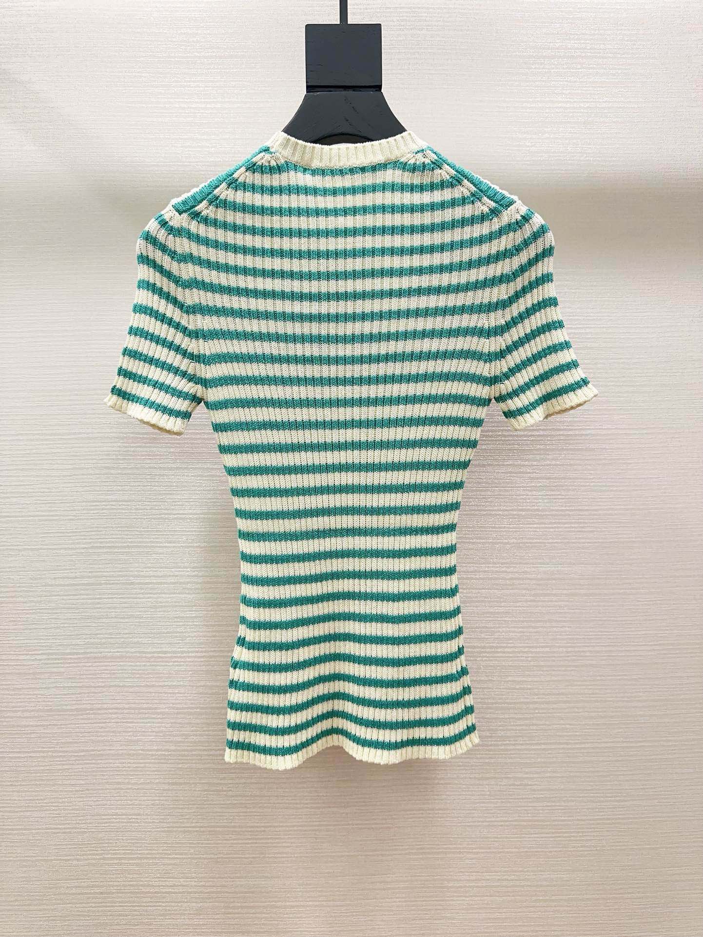 Bagsaaa D10riviera Short-Sleeved Sweater White and Aquamarina Cotton Ribbed Knit with D10r Marinière Motif