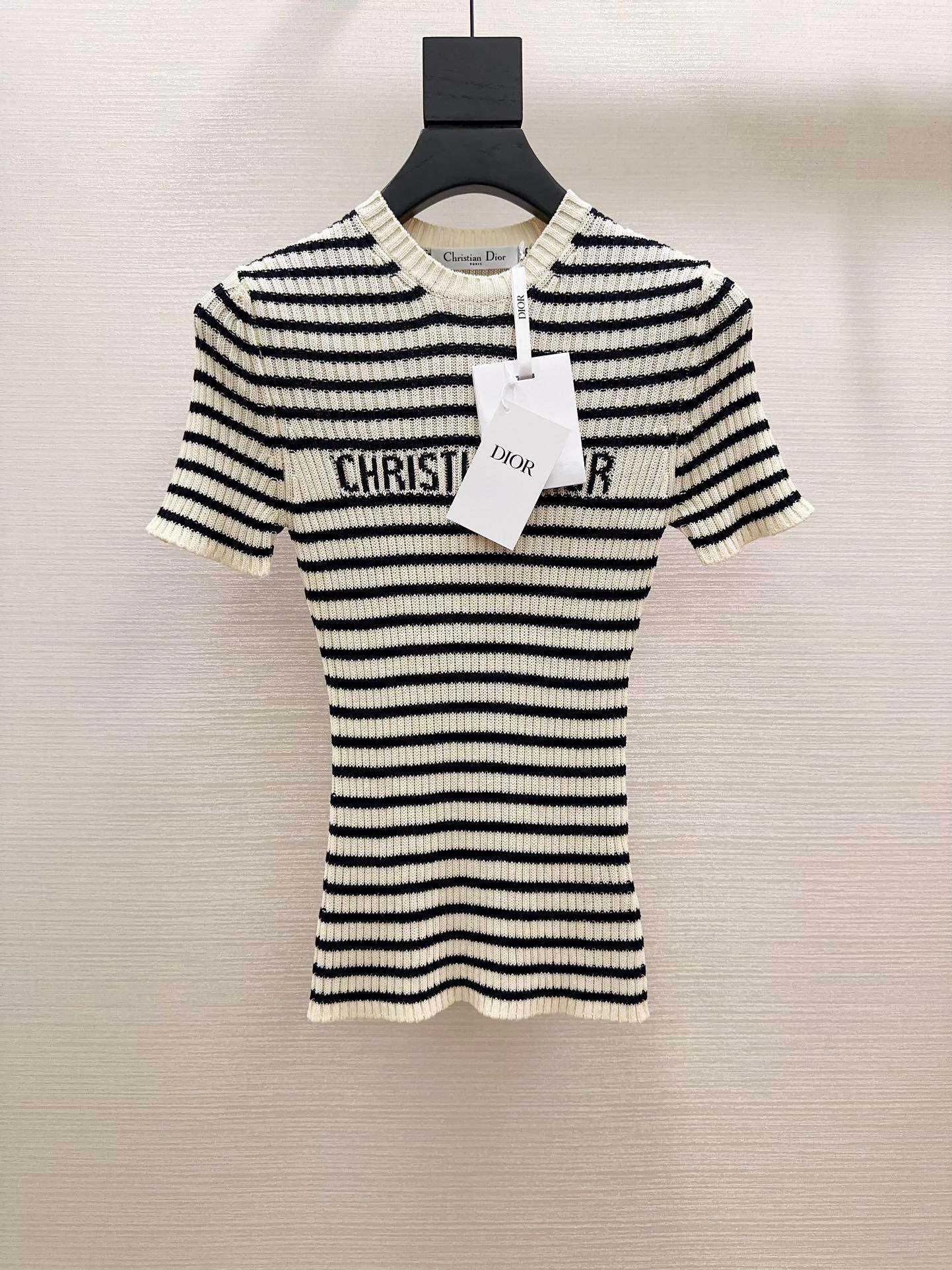 Bagsaaa D10riviera Short-Sleeved Sweater White and Black Cotton Ribbed Knit with D10r Marinière Motif