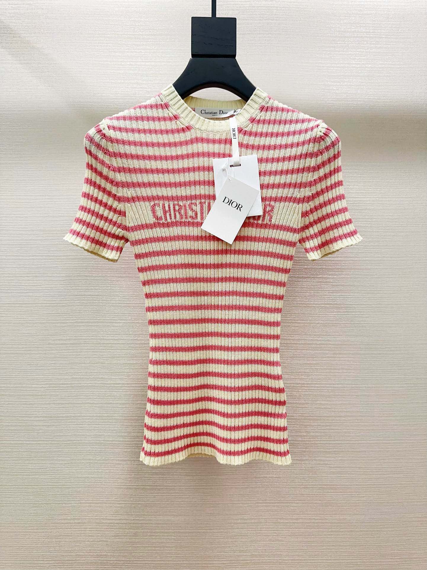 Bagsaaa D10riviera Short-Sleeved Sweater White and Pink Cotton Ribbed Knit with D10r Marinière Motif